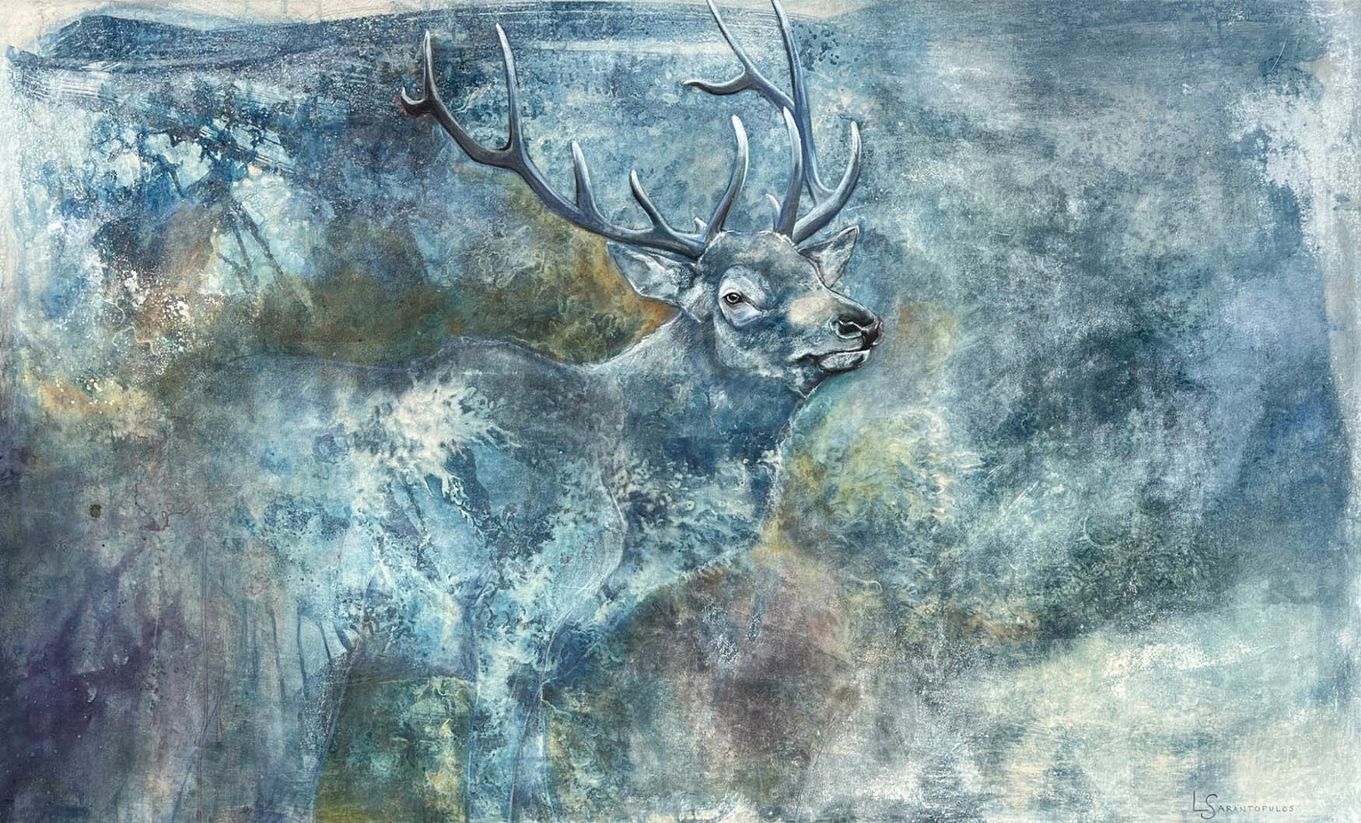 Original Mixed Media Painting Featuring Elk Fading Into Abstract Cyanotype Background