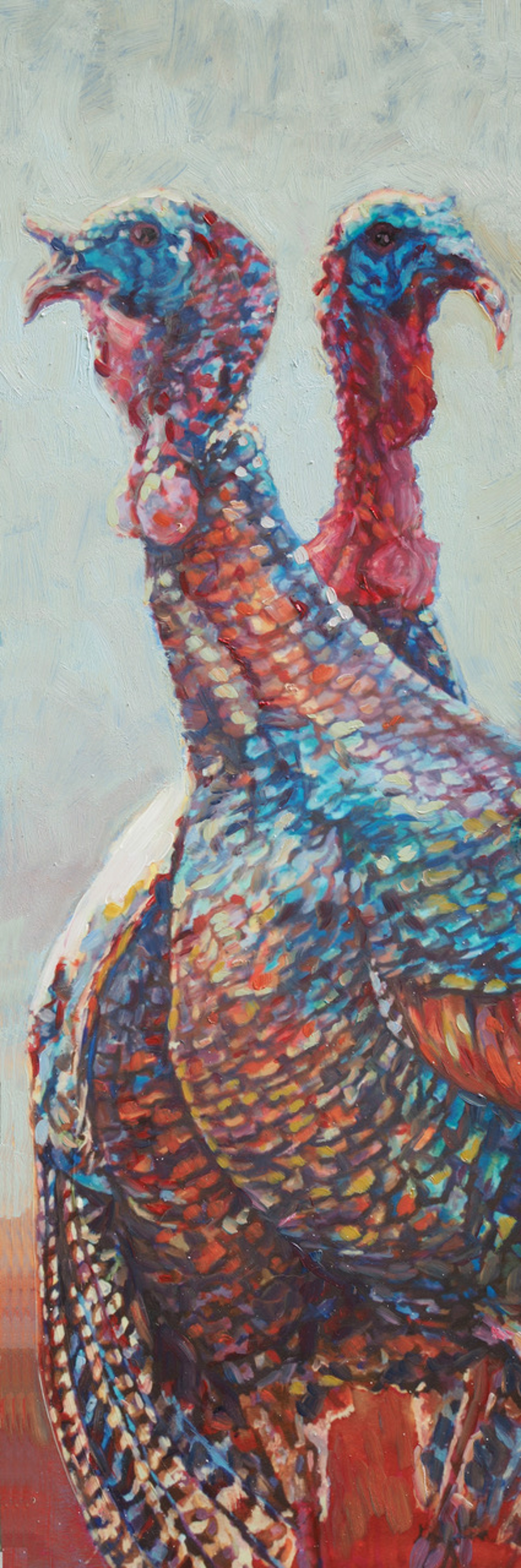 Patricia Griffin Two Colorful Turkeys In Oil On Linen, A Contemporary Fine Art Painting and Modern Wildlife Art Piece Available At Gallery Wild