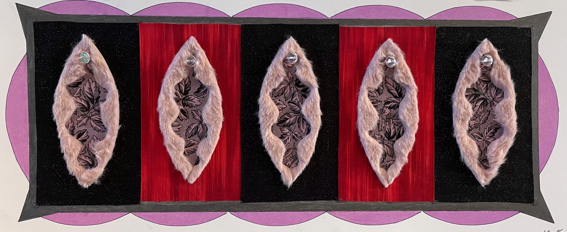 Large Vulvas on Red and Black (5 vulvas) by Deborah Vanko