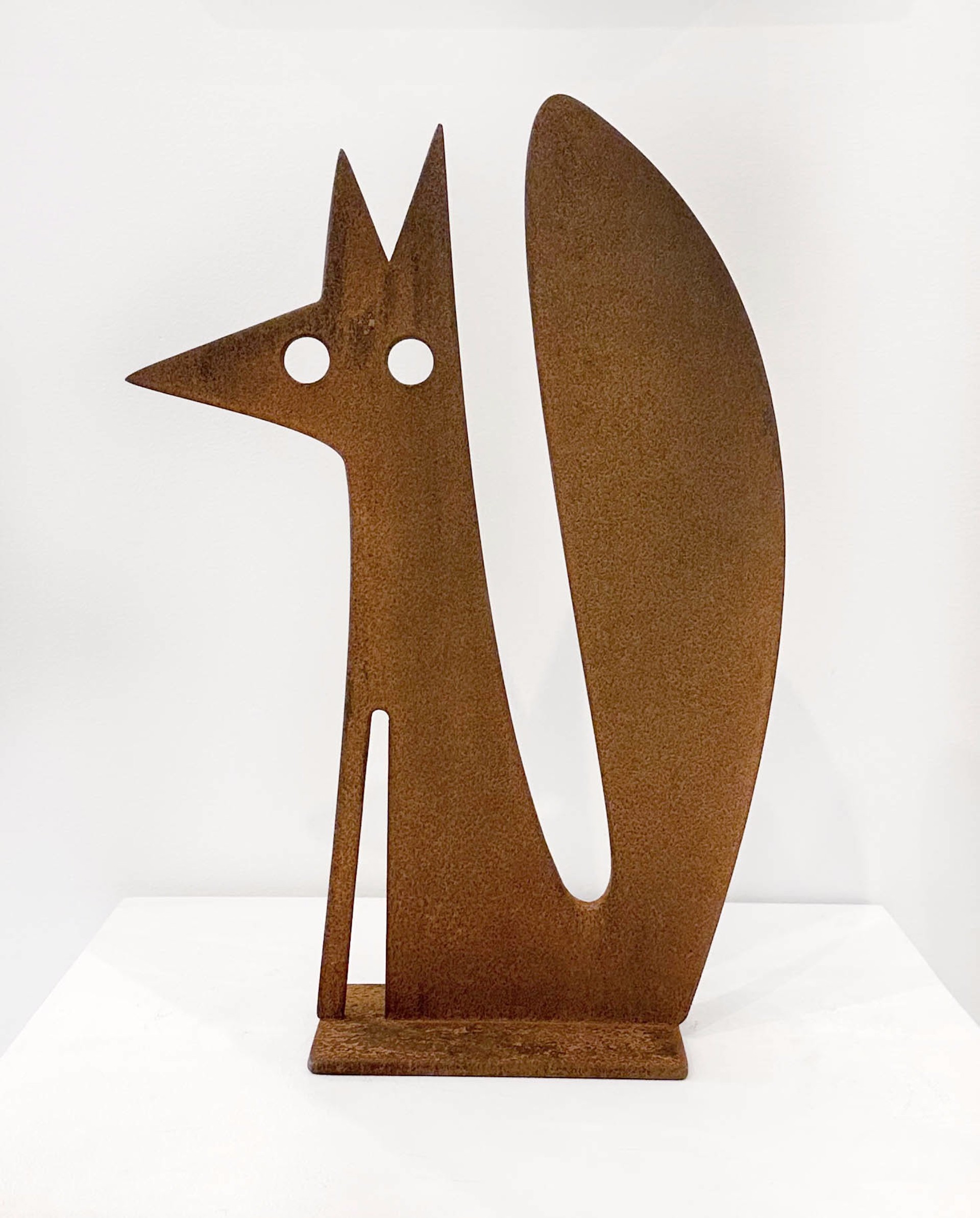 Steel Sculpture By Jeffie Brewer Featuring A Seated Fox In Rusty Finish
