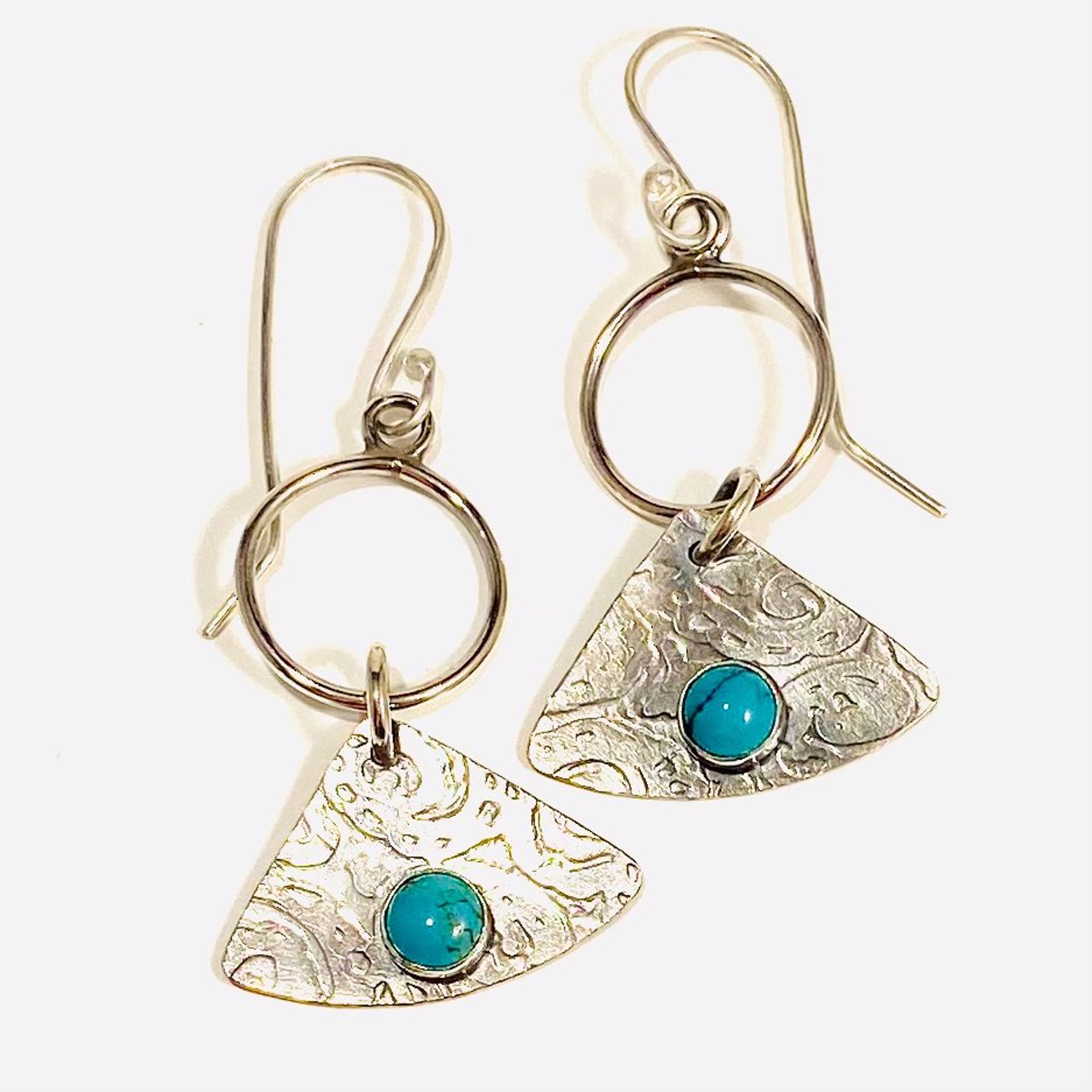 AB22-52  Stamped Triangle Dangle Turquoise  Cabochon Earrings by Anne Bivens