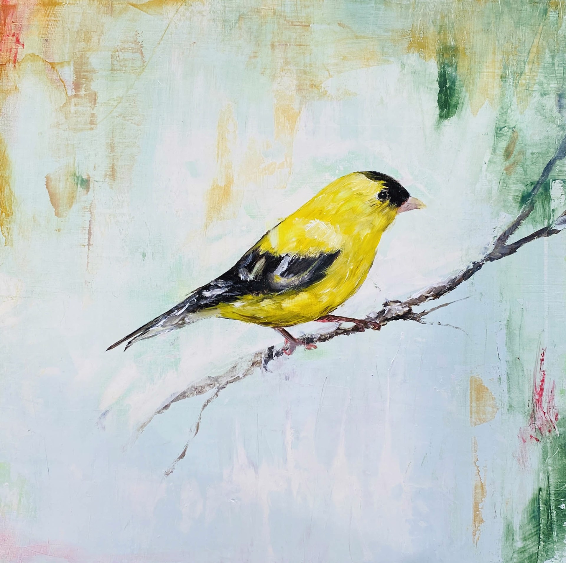 Original Oil Painting Featuring A Gold Finch On A Branch Over Abstract Blue Background