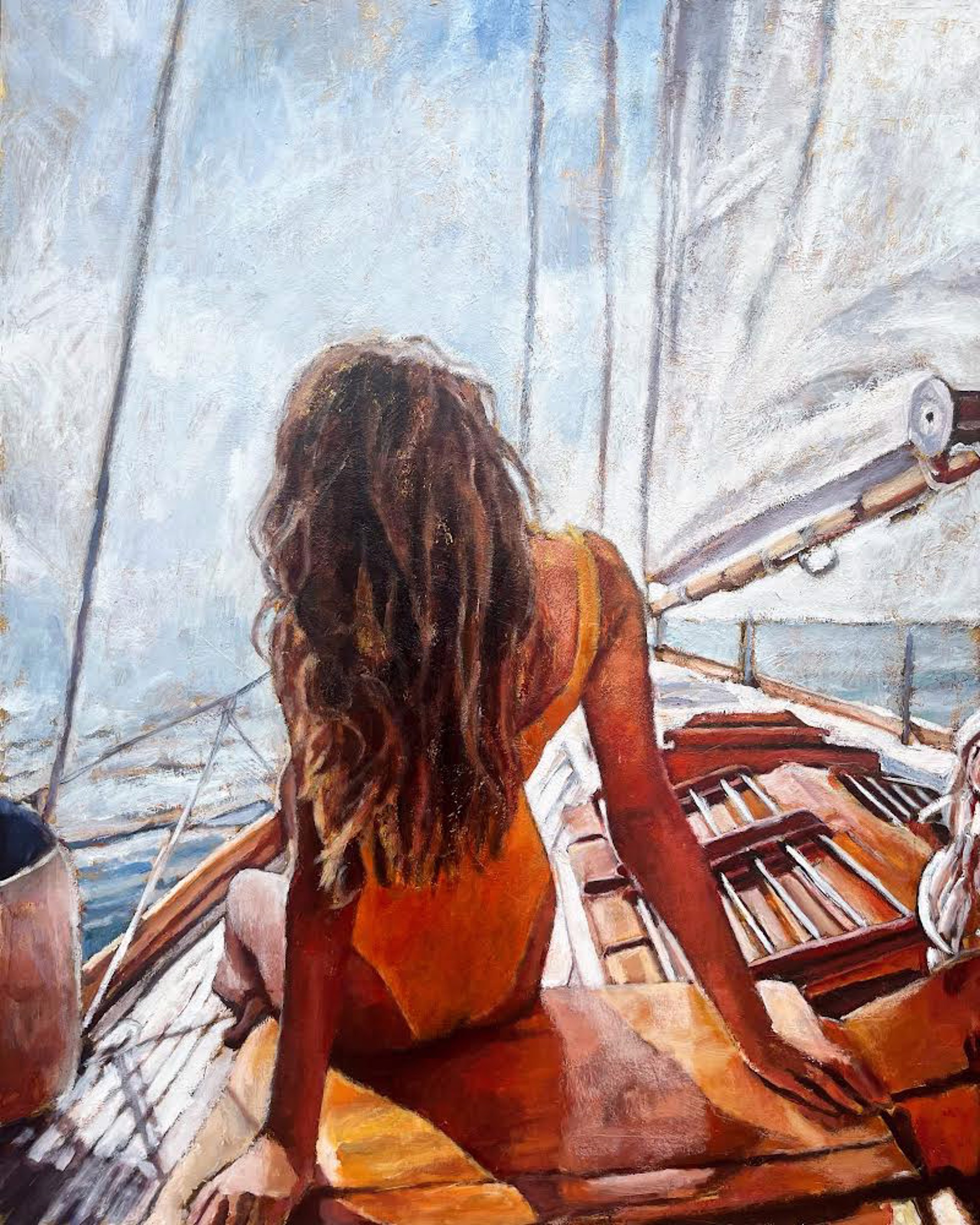 A painting by Nava Lundy of a woman sitting on the deck of a sailboat, sailing away.