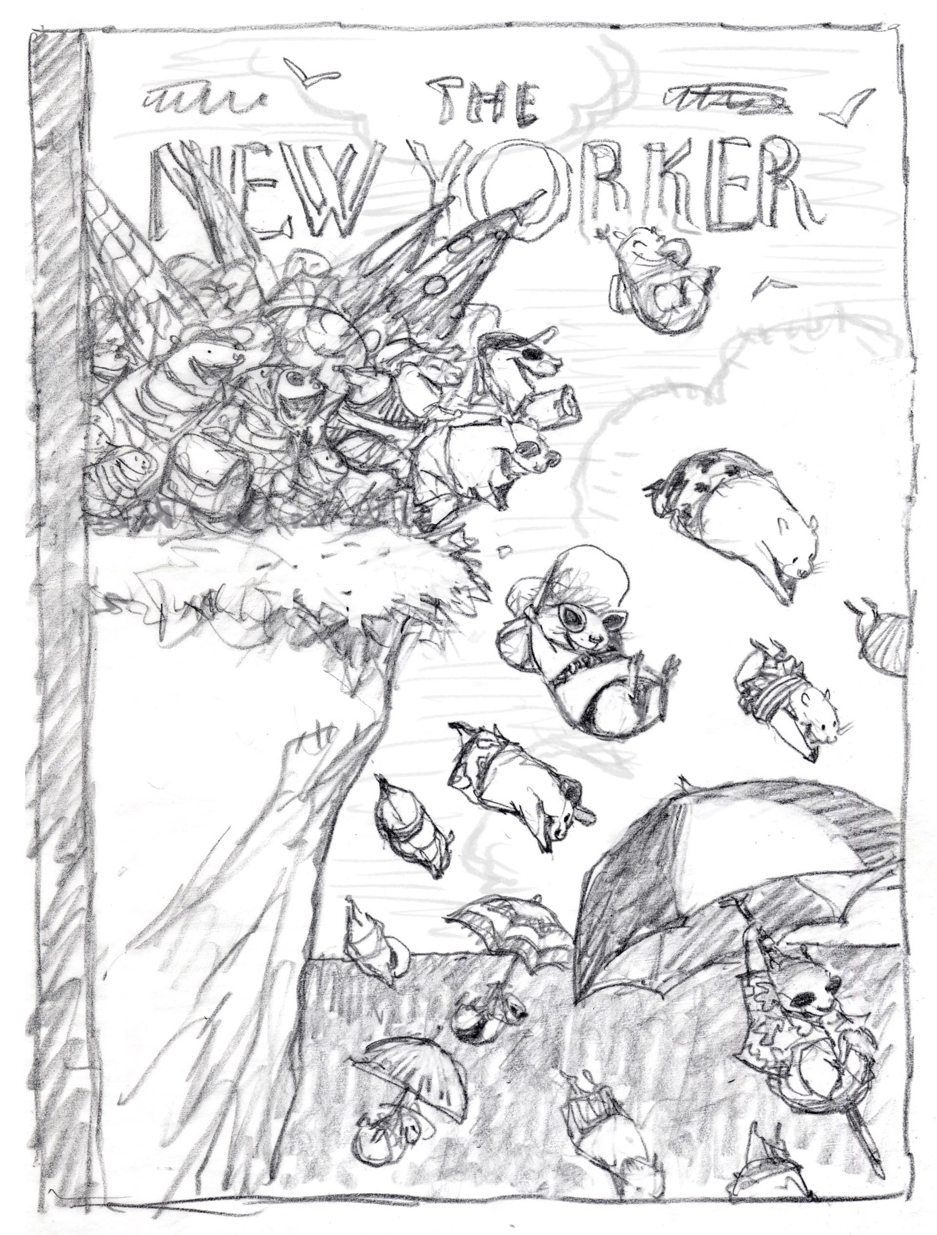 Proposed sketch for New Yorker cover "To the sea!" by Peter de Sève
