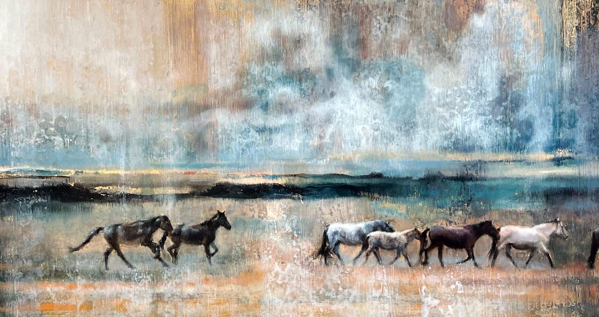 Original Acrylic Painting By Nealy Riley Featuring A Band Of Wild Horse Running Across Abstracted Landscape With Gold Leaf Details
