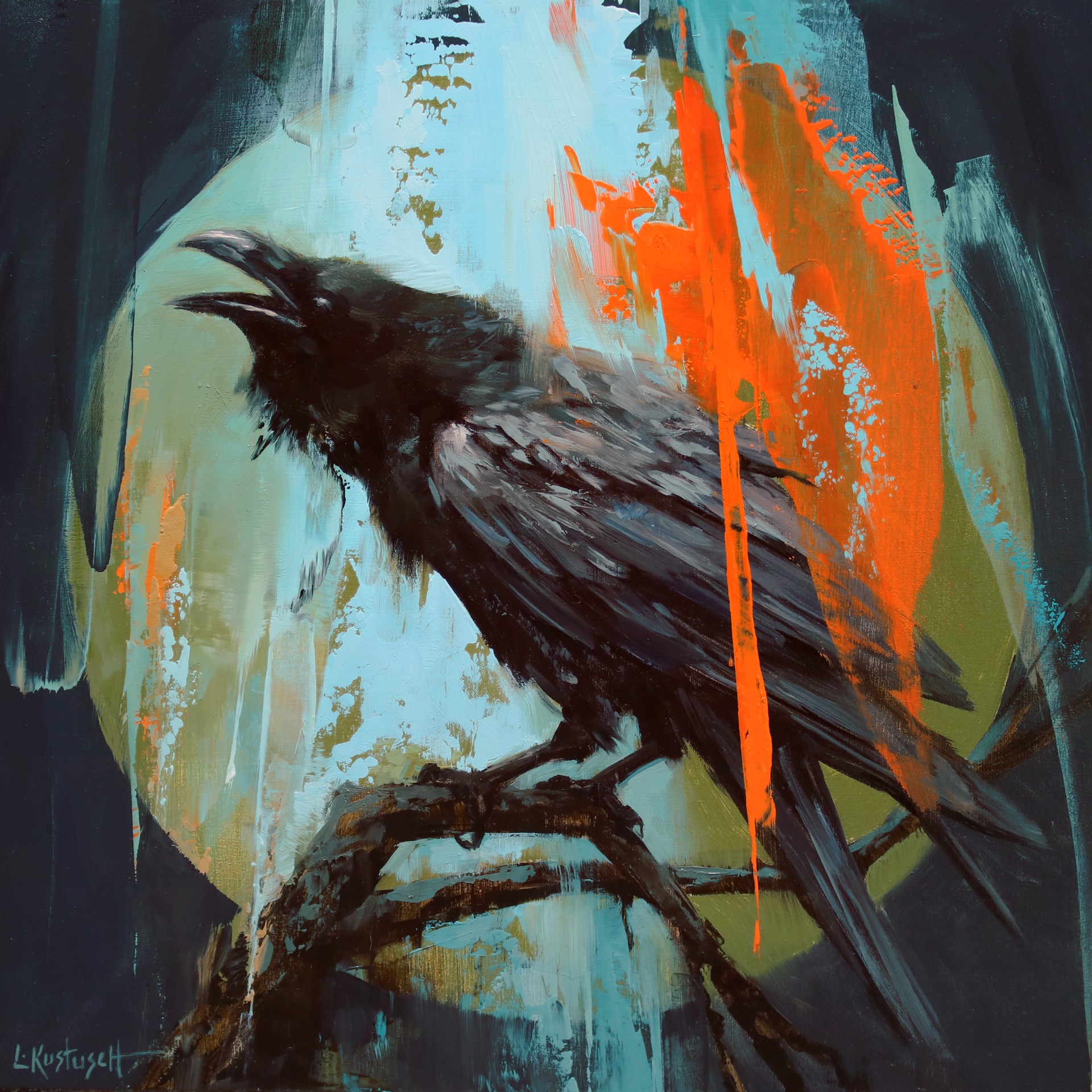 The Raven on Shades of Woodland Mist by Lindsey Kustusch