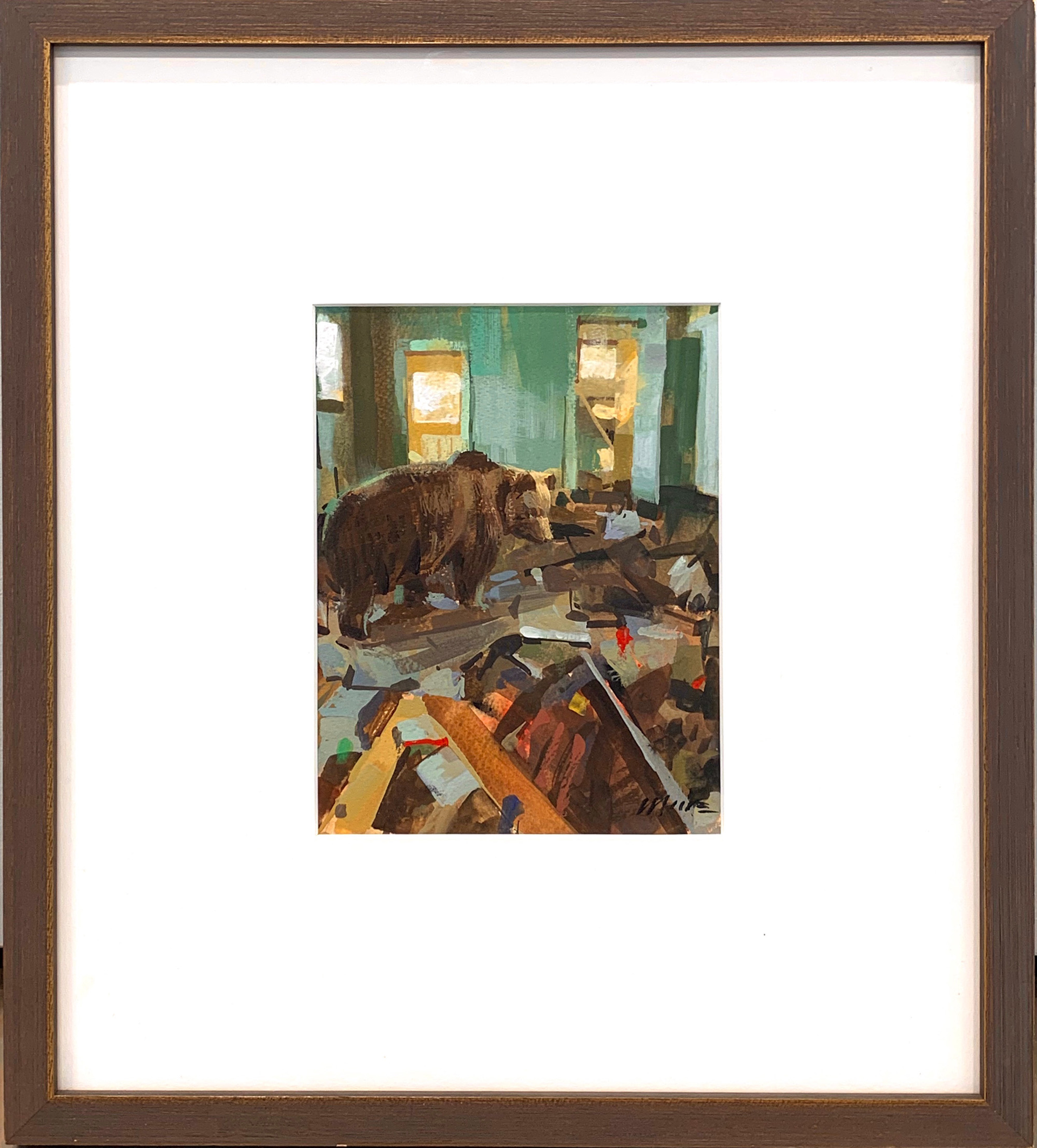 Gouache On Paper Painting Of A Grizzly Bear In a Dilapidated Room, Part Of Series By Larry Moore, Framed And Available at Gallery Wild