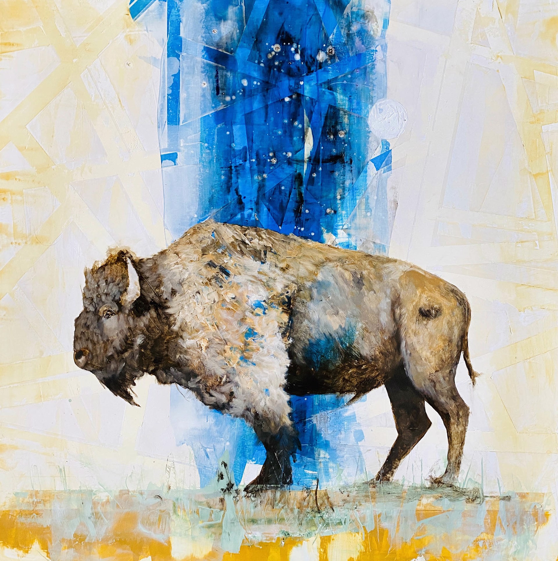 Original Oil Painting Featuring A Standing Bison Over Abstract Background In Blue And Yellow