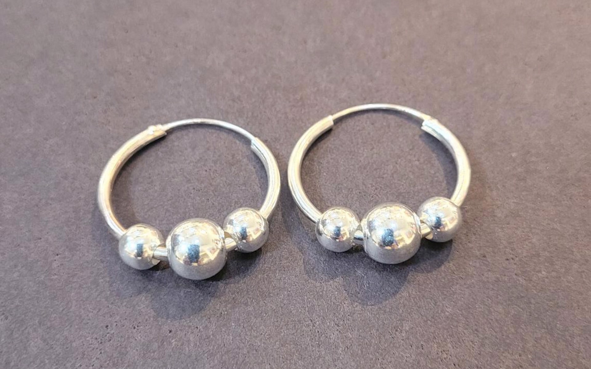 Earrings - 25mm Hoops with Three Beads in Sterling Silver by Indigo Desert Ranch - Jewelry