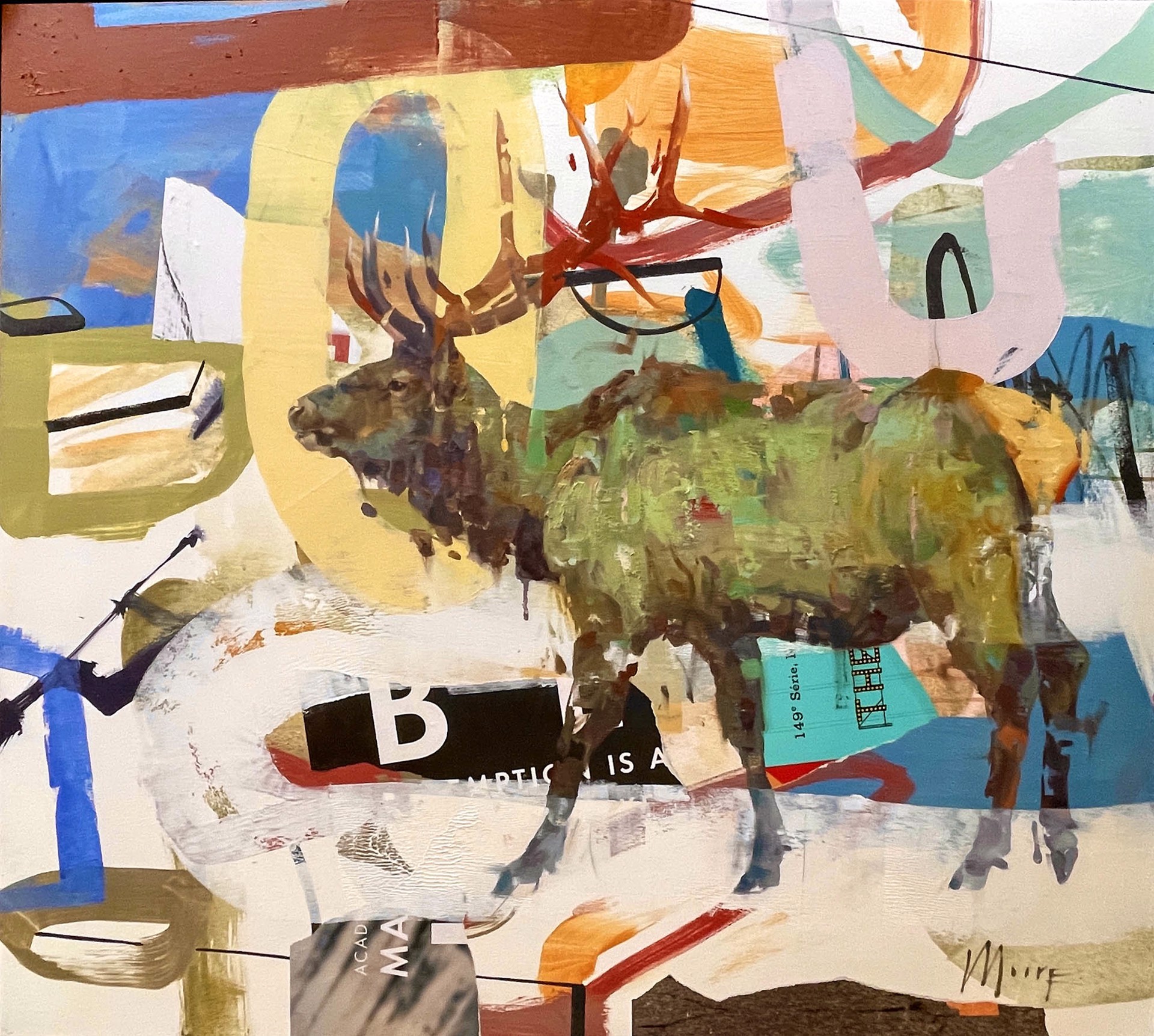 Original Mixed Media Painting Featuring A Multicolored Elk Painted On Colorful Abstract Background With Collage