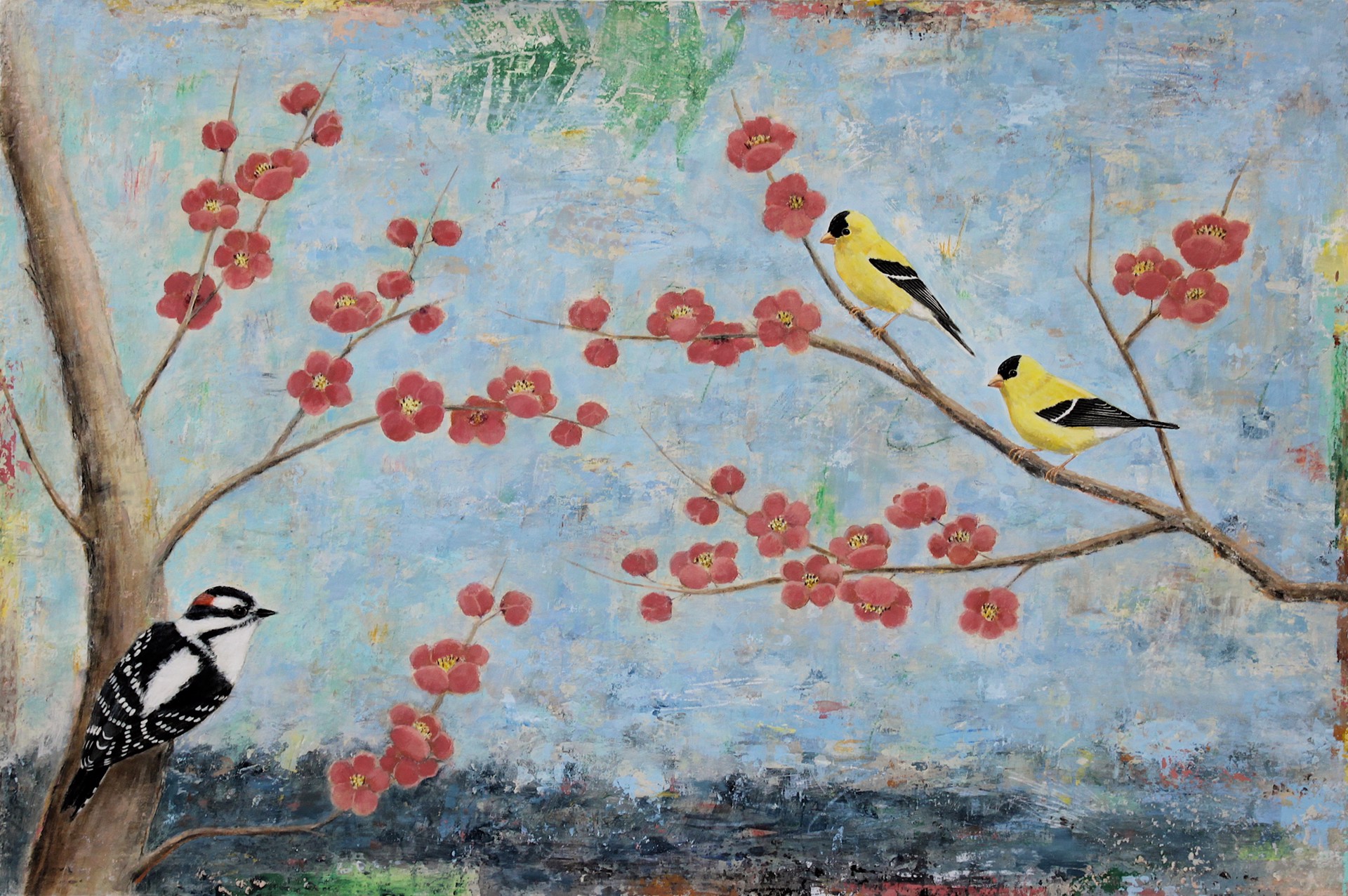 Rendevous (Goldfinches and Woodpecker) by Paul Brigham