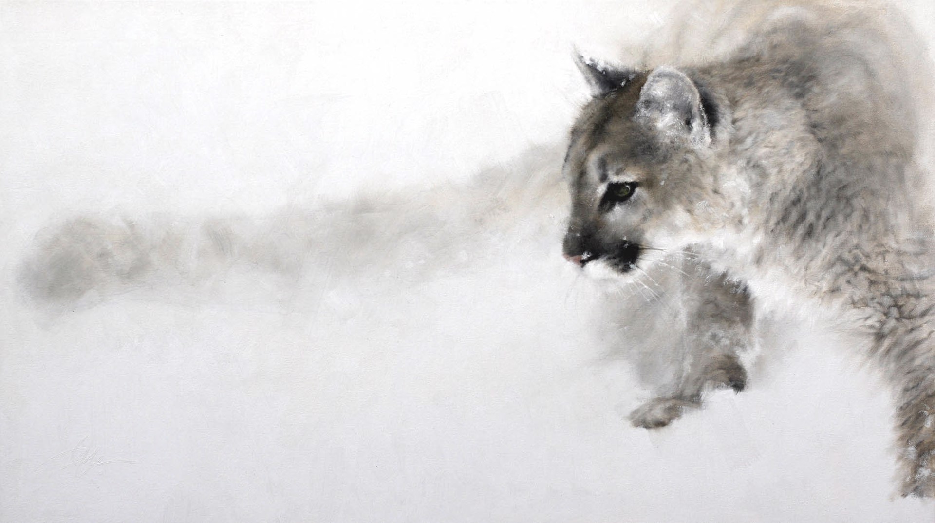 Original Oil Painting Featuring A Cougar Turning In Snow In Muted Color Palette