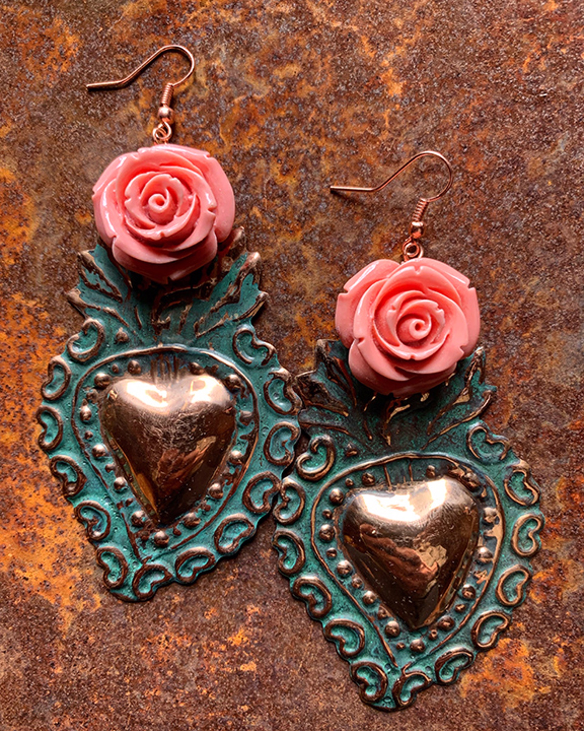 K720 XL Sacred Heart Earrings with Pink Roses by Kelly Ormsby