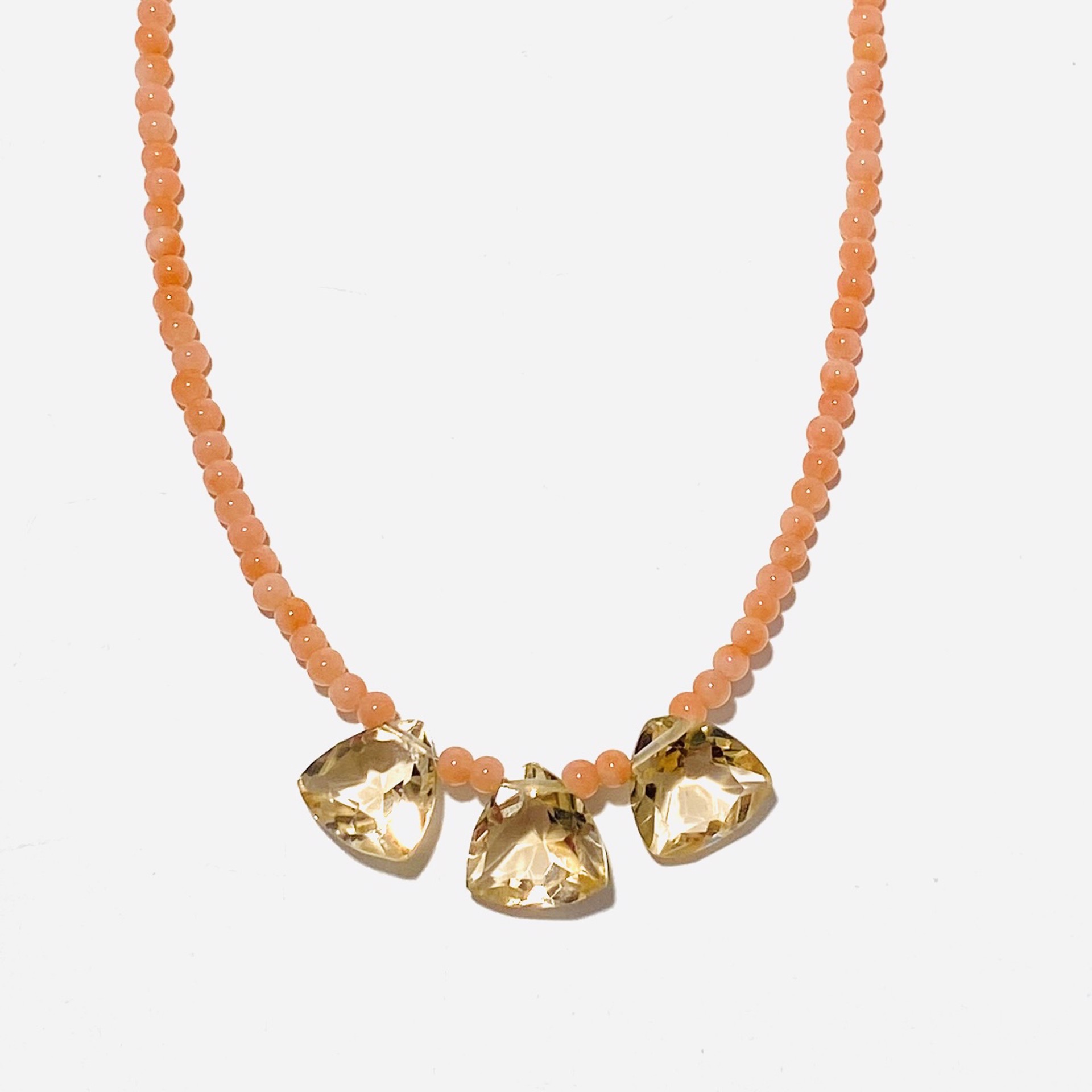 Tiny Peach Jade Three Faceted Triangle Peach Quartz Brios Necklace by Nance Trueworthy