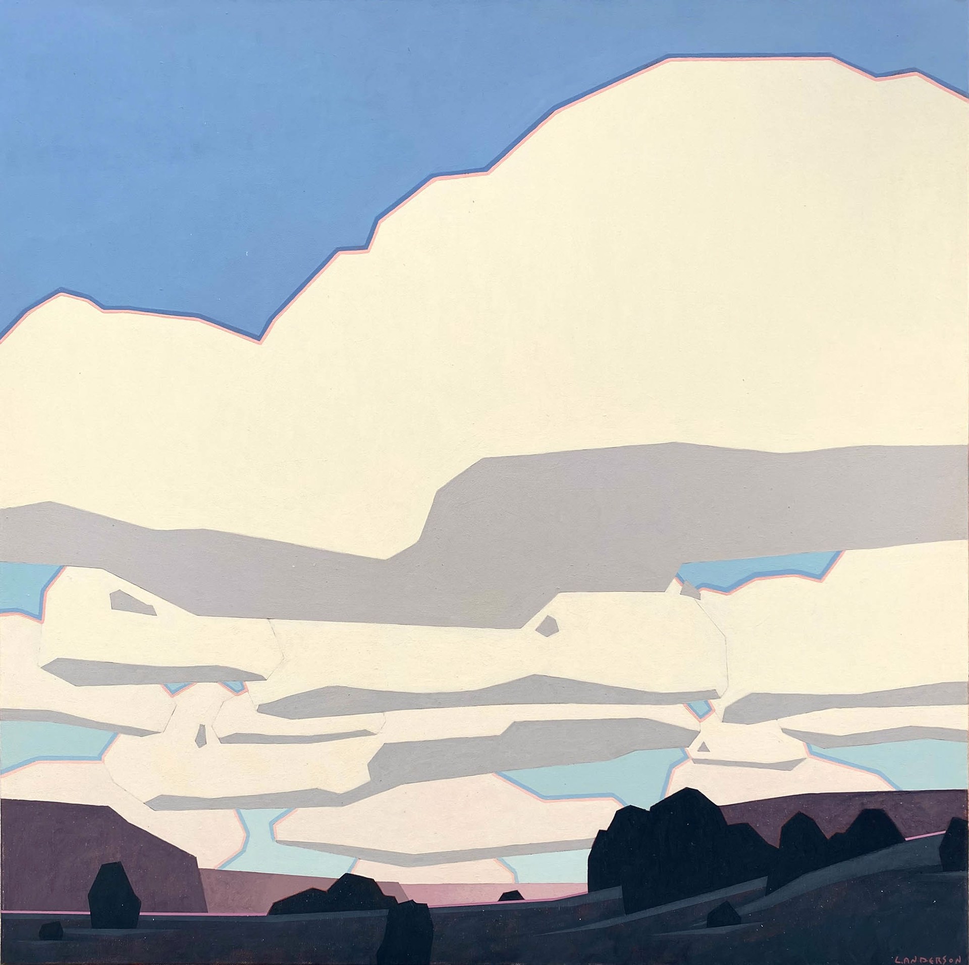 Original Painting By Luke Anderson Featuring Graphic White Clouds Over Landscape