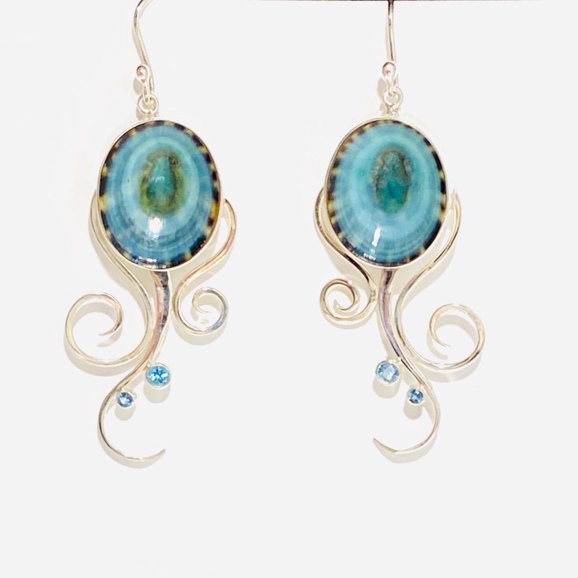 Pacific Coast Aqua Limpet, Swiss and London Blue Topaz Jellyfish Earrings BU23-20 by Barbara Umbel