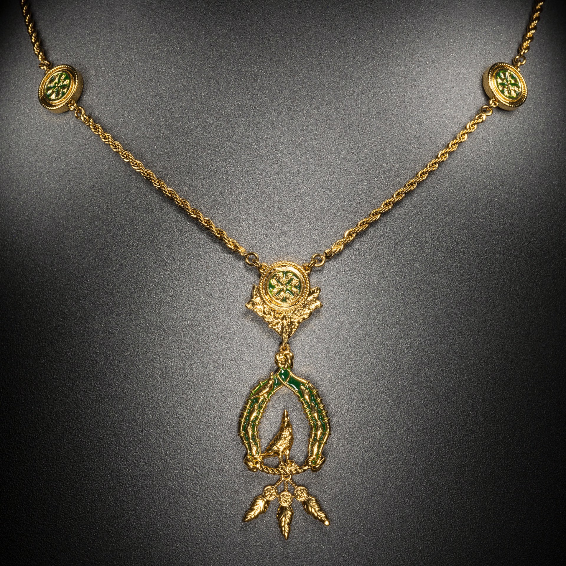 Vigor Necklace with Feathers - Gold and Green by Angela Mia