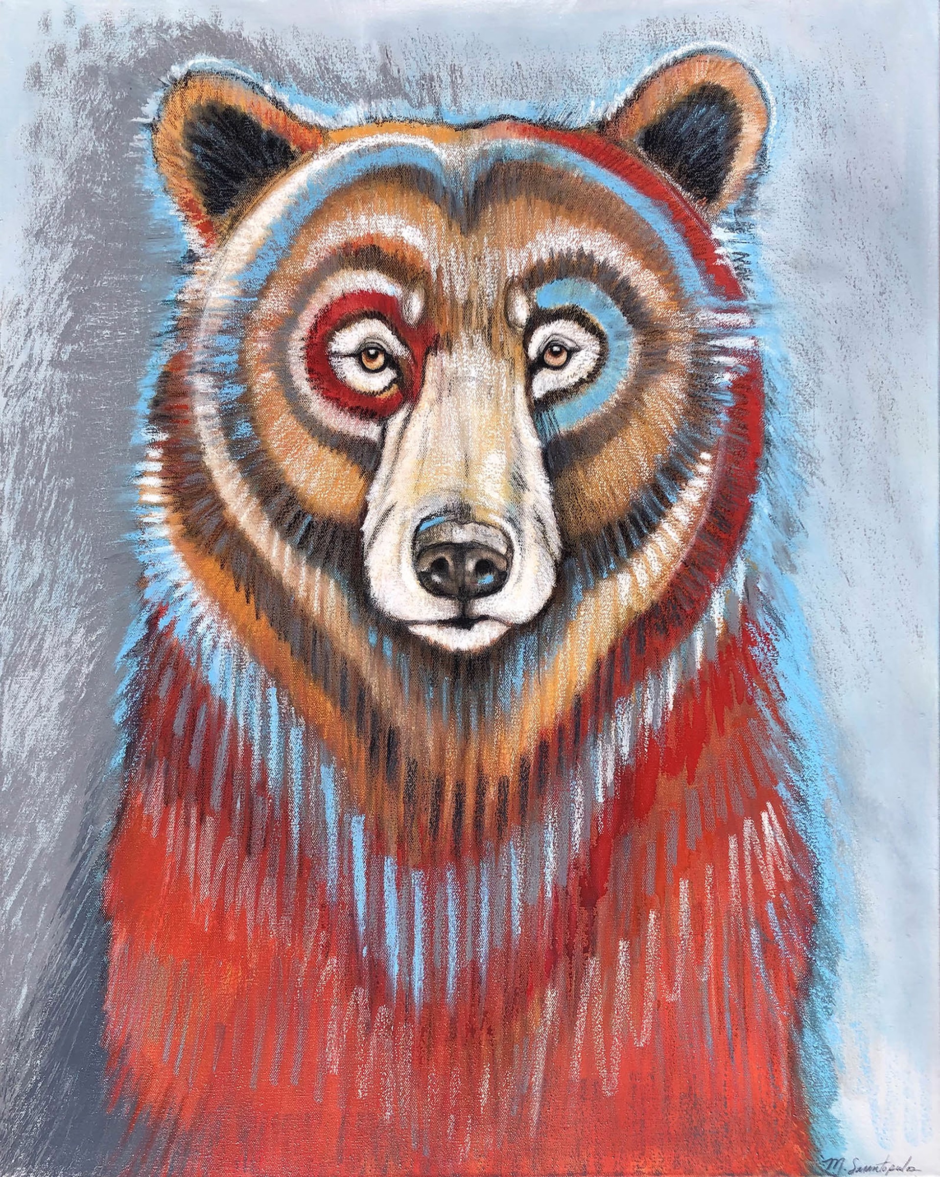 Original Mixed Media Painting Featuring A Grizzly Bear Facing Forward In Red And Blue Over Gray Background