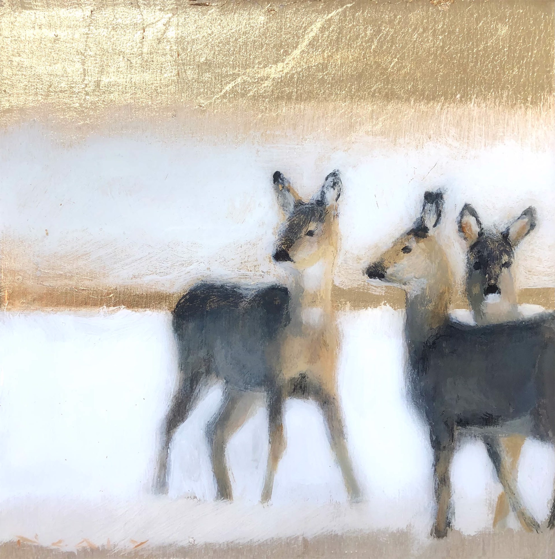 A Contemporary Painting of Three Fawns On Gold Leaf By Nealy Riley