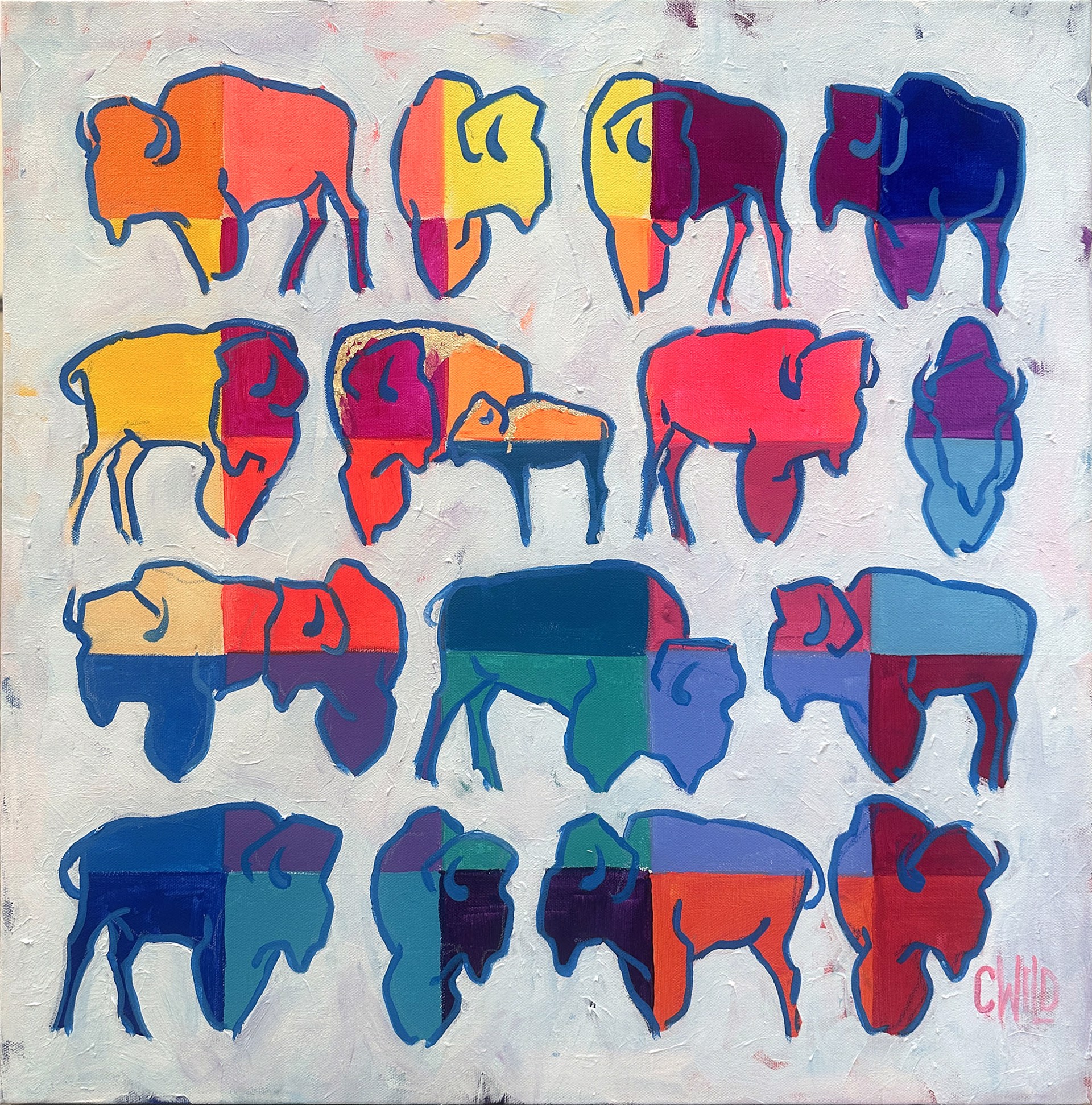 Original Acrylic Painting By Carrie Wild Featuring Rows Of Seventeen Bison In Rainbow Color Block Pattern Over White Background