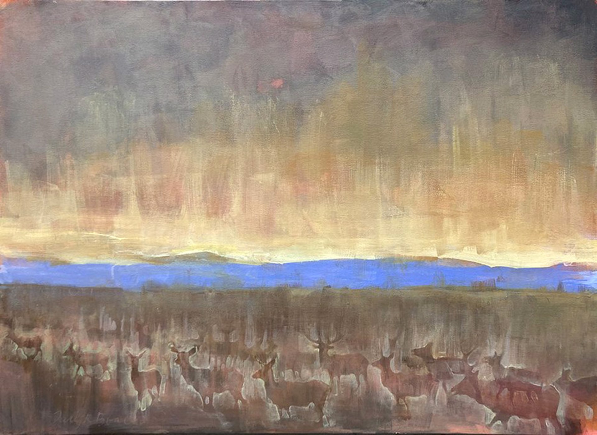 Original Acrylic Painting By Taryn Boals Featuring A Ghostly Elk Herd Across A Valley Landscape At Sunset