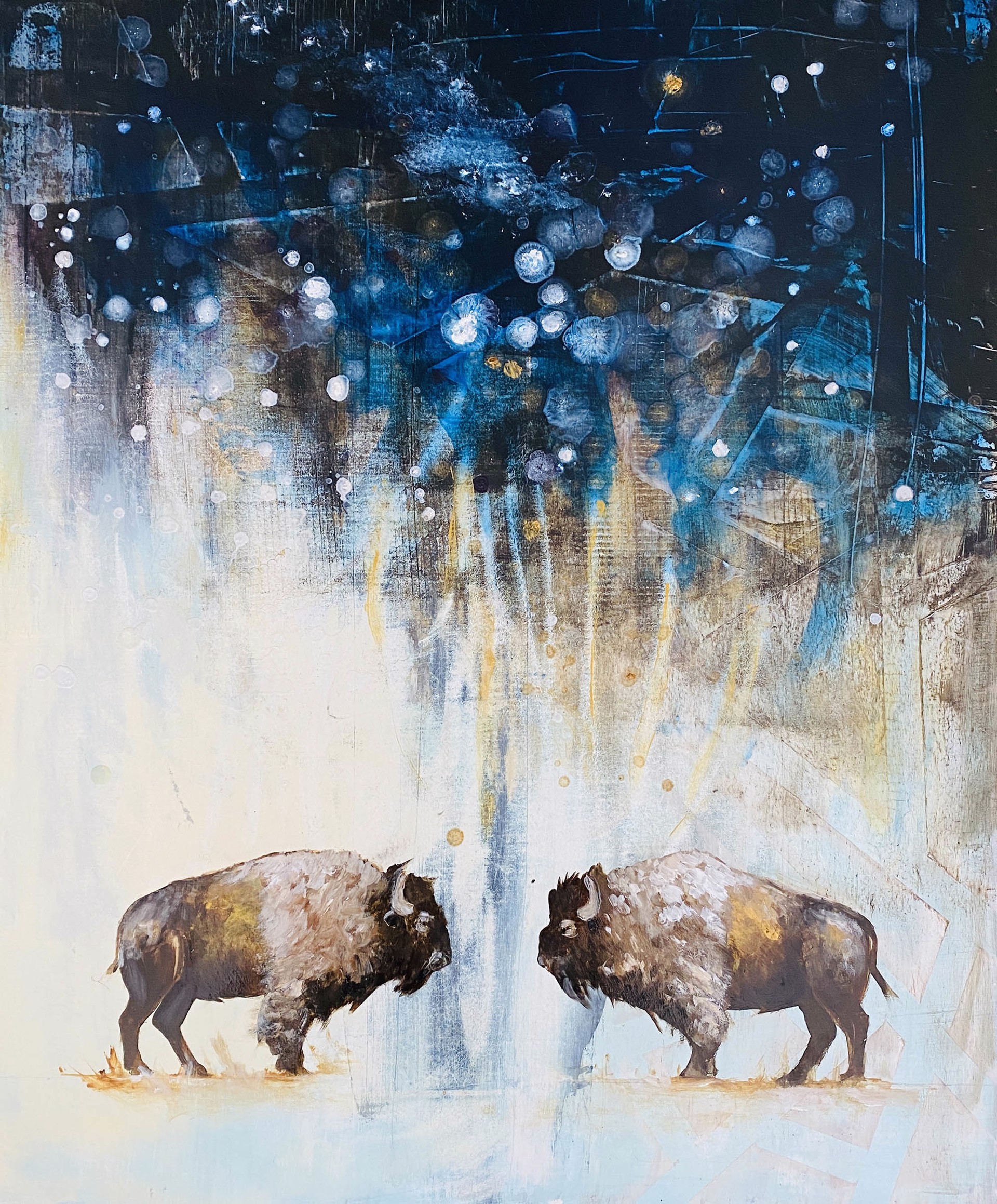 Original Oil Painting Featuring Two Bison Facing Each Other With Starry Night Sky Fading Into Abstracted Background