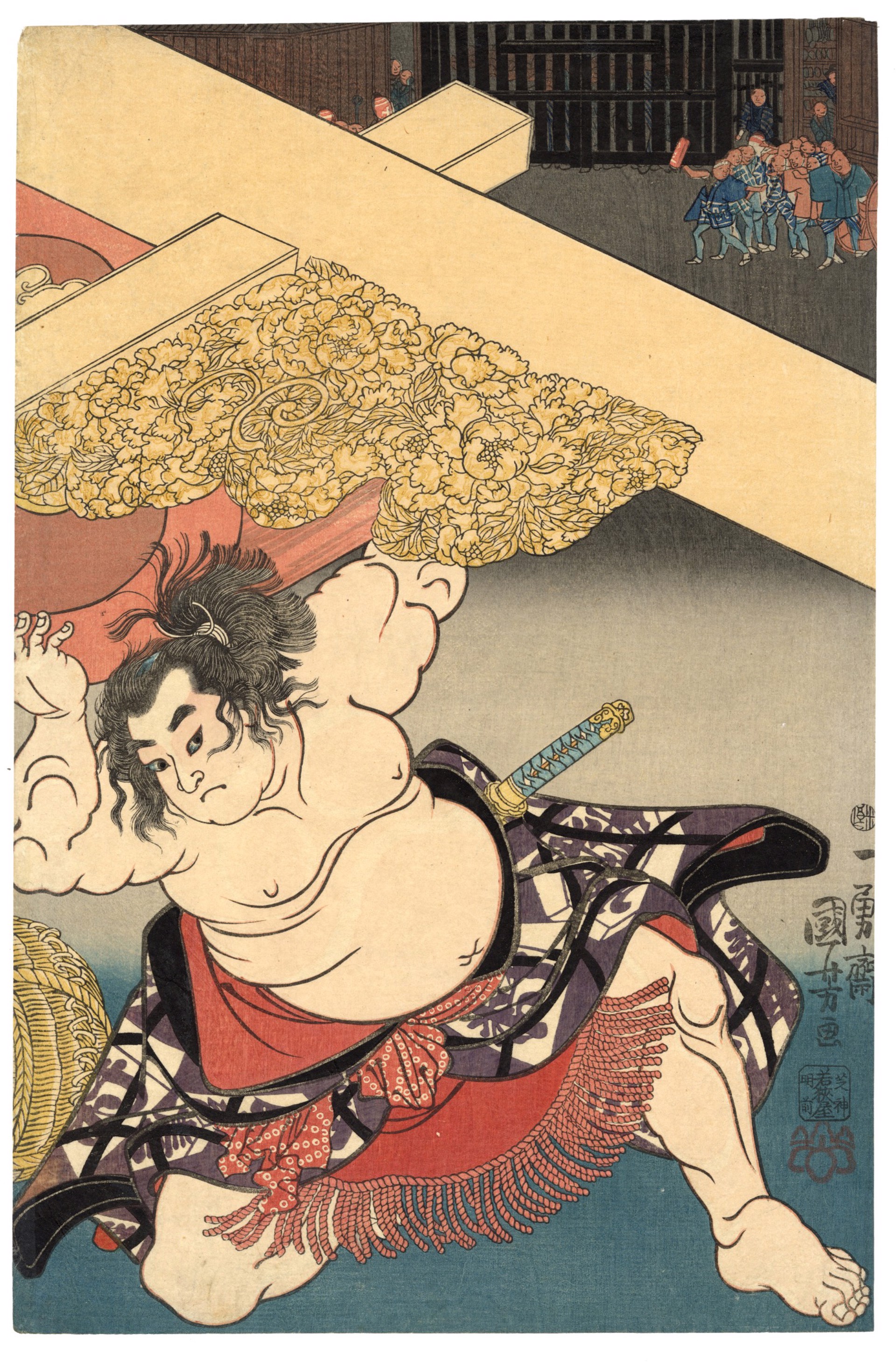 O-Seki Watching a Trial of Strength Between Two Sumo Wrestlers: Nuregami Chogoro and Hanaregoma Chukichi by Kuniyoshi