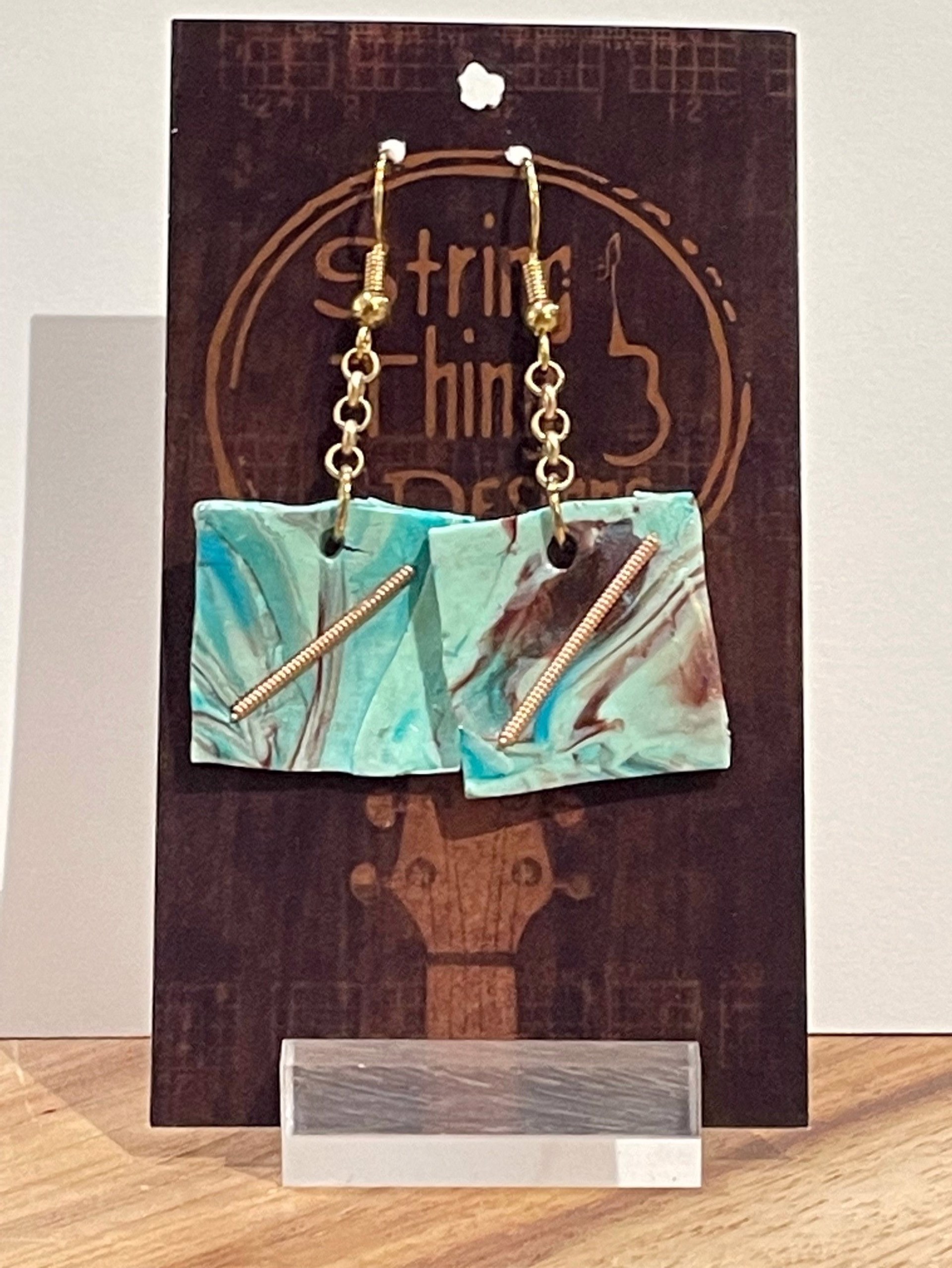 Blue Square Guitar String Earrings by String Thing Designs