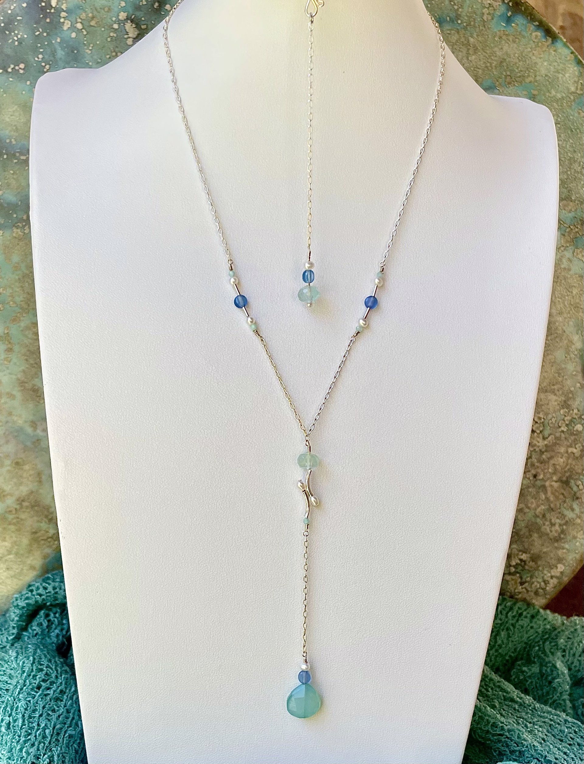 Aqua Chalcedony, Santorini Blue Chalcedony, and Freshwater Pearls Sterling Silver Necklace by Lisa Kelley