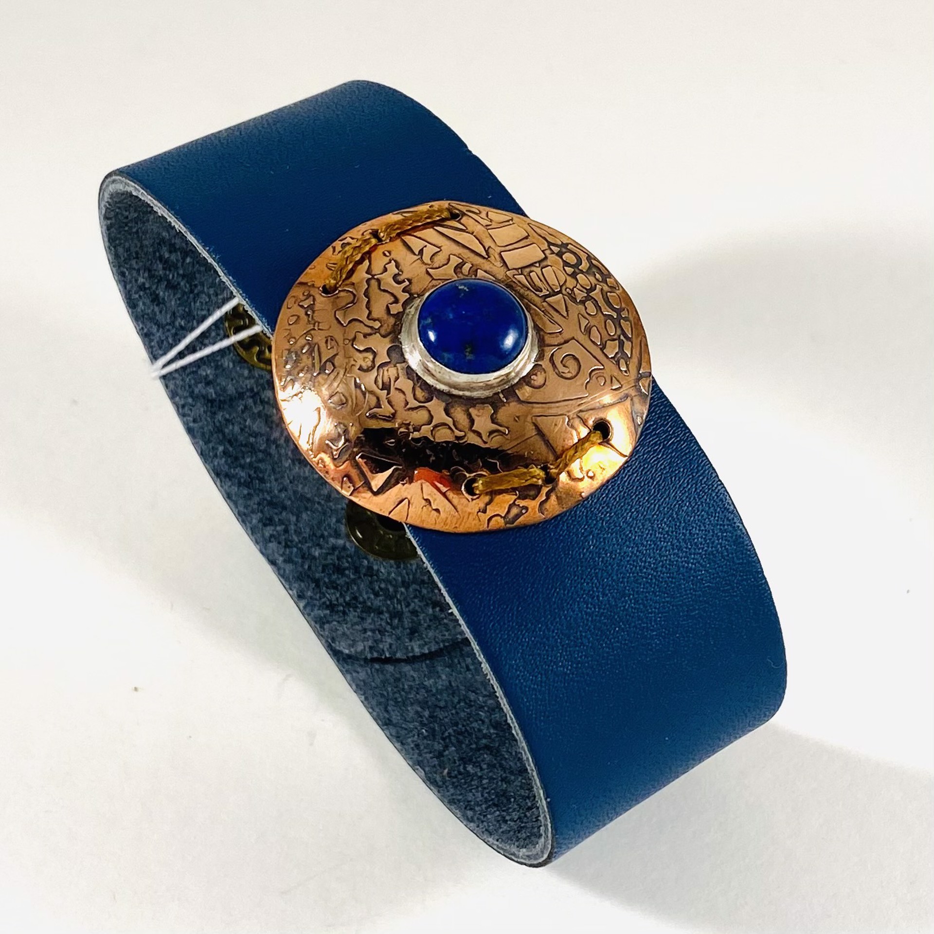 AB21-38 Lapis and Copper on Leather Cuff Bracelet by Anne Bivens