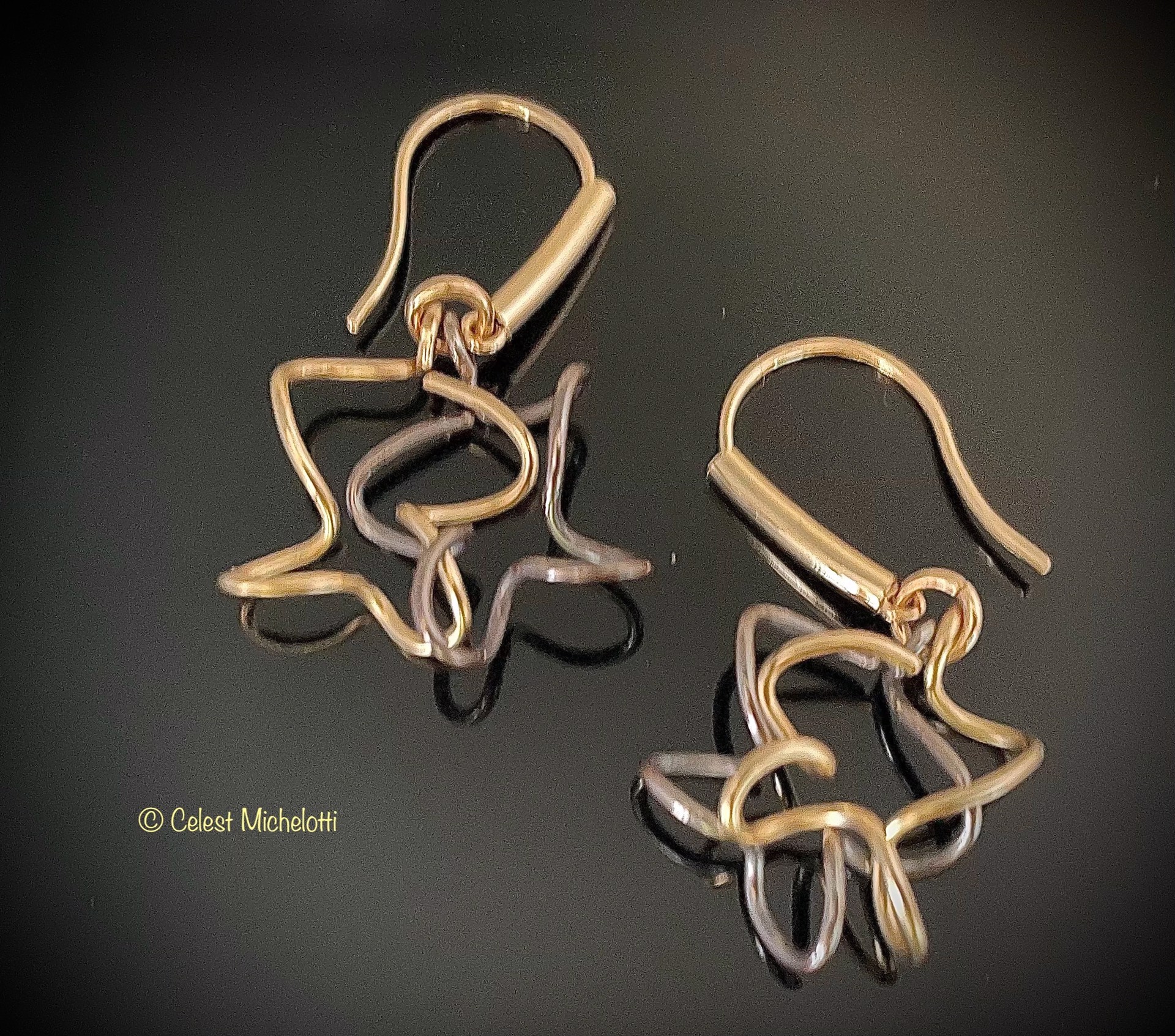 Stars Earrings, .75 in. Double Drop:  14K Gold Filled, Blackened Sterling by Celest Michelotti