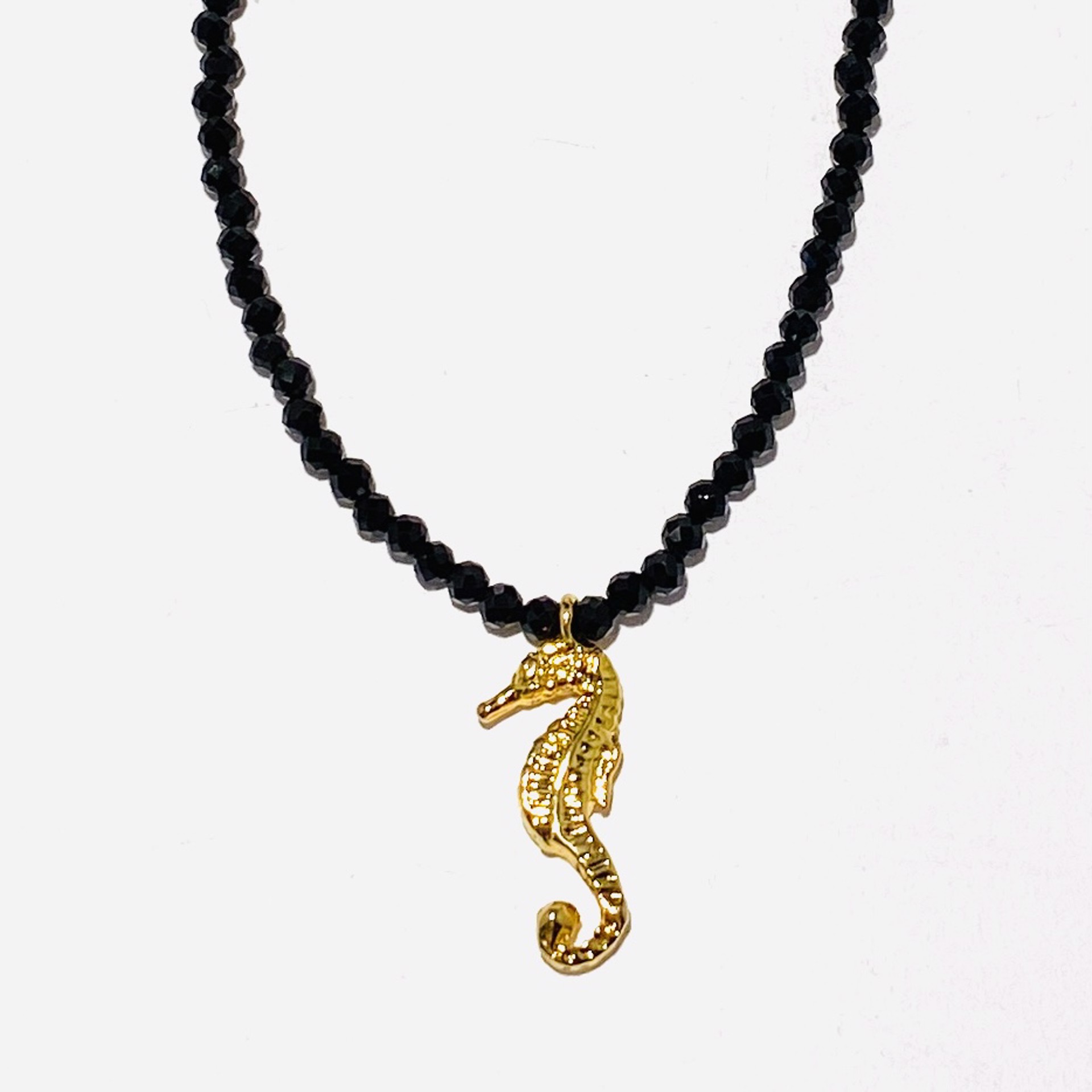 Black Faceted Spinel Tiny Vermeil Seahorse Pendant Necklace by Nance Trueworthy