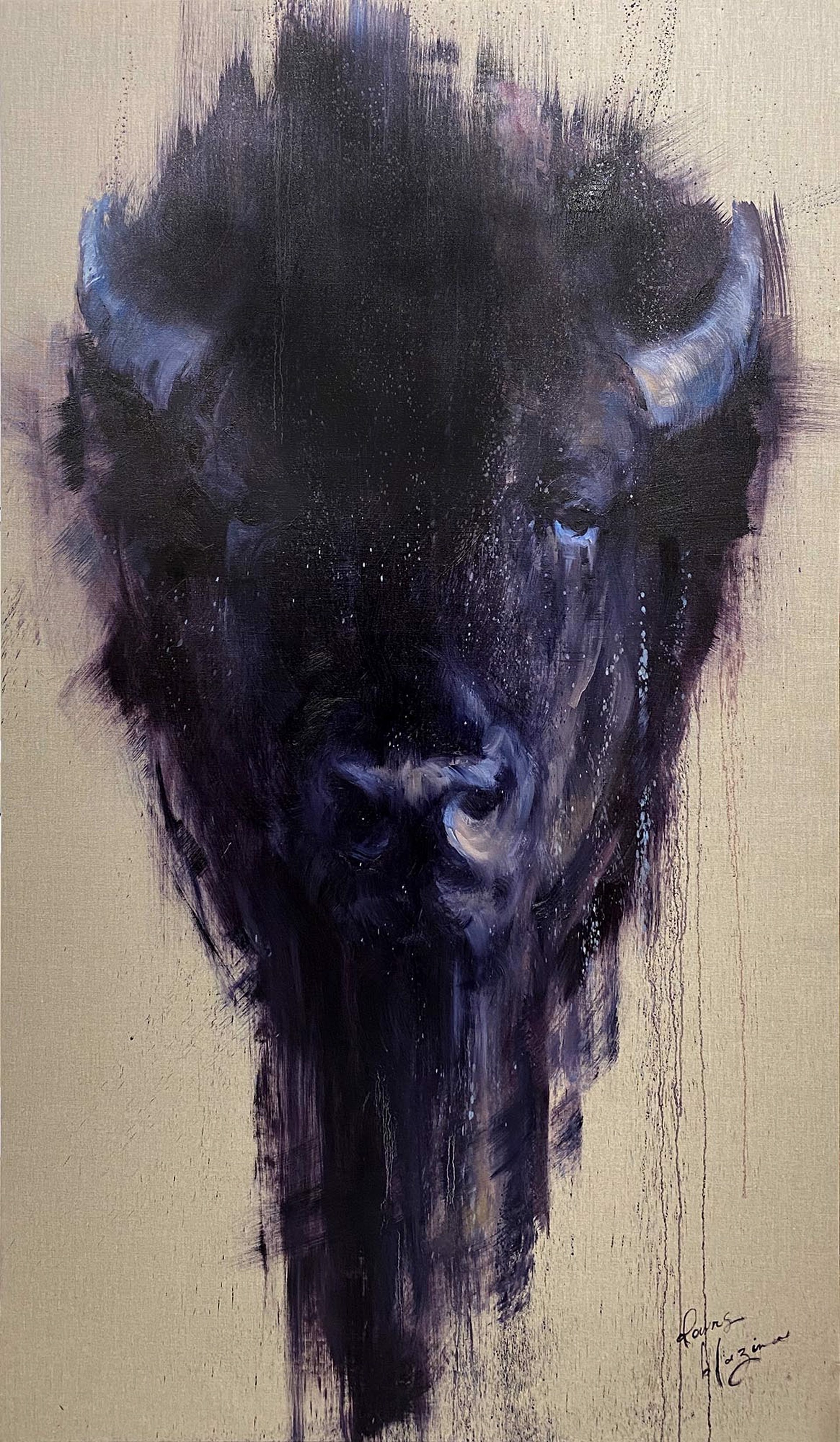Original Oil on Linen Painting Of A Buffalo Head In Dramatic Contemporary Style  With Dark Subtle Colors, By Amber Blazina