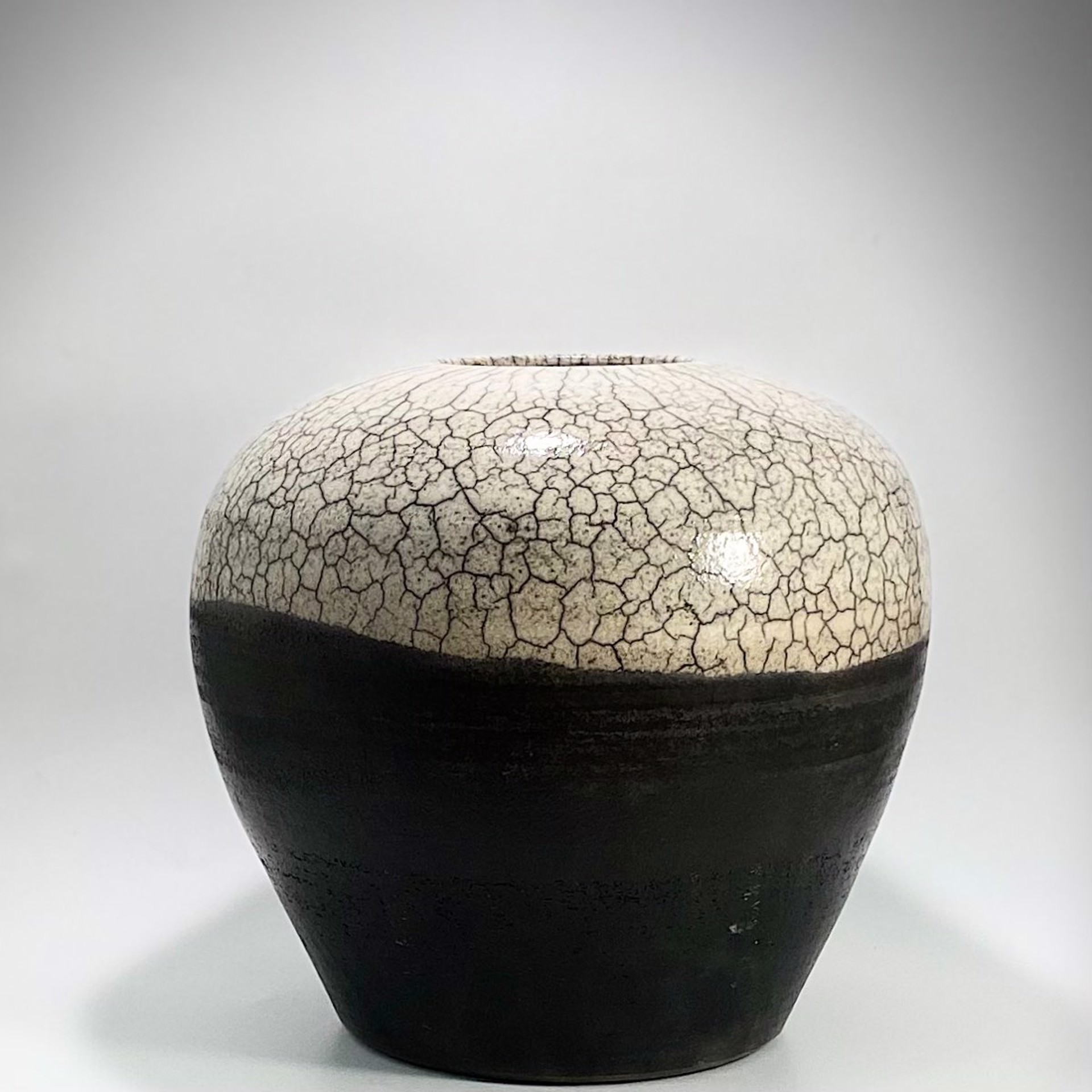 SB21-10 Large Black and White Crackle Globe Raku Vase by Silas Bradley