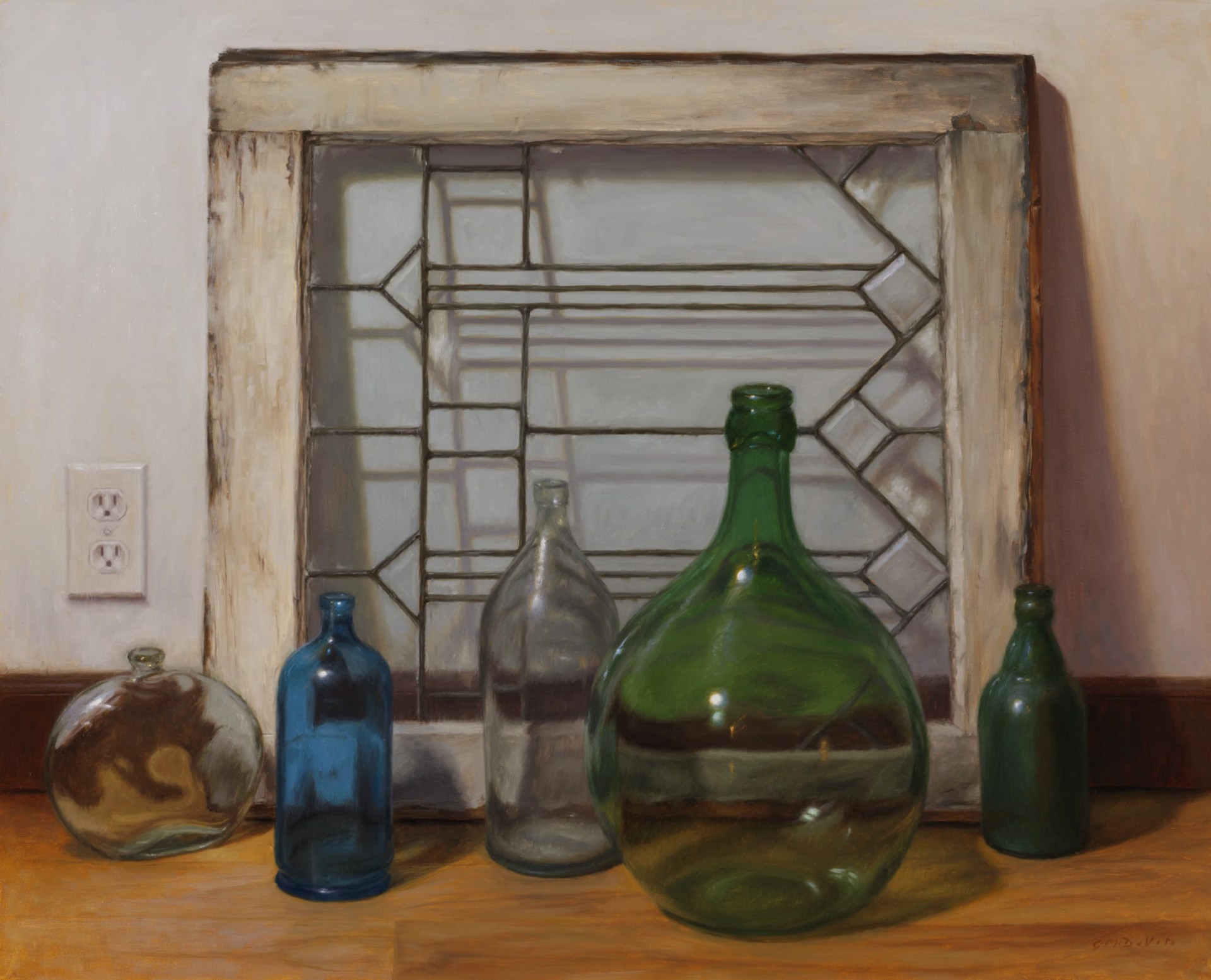 Antique Glass Bottles and Leaded Glass Window by Grace Devito