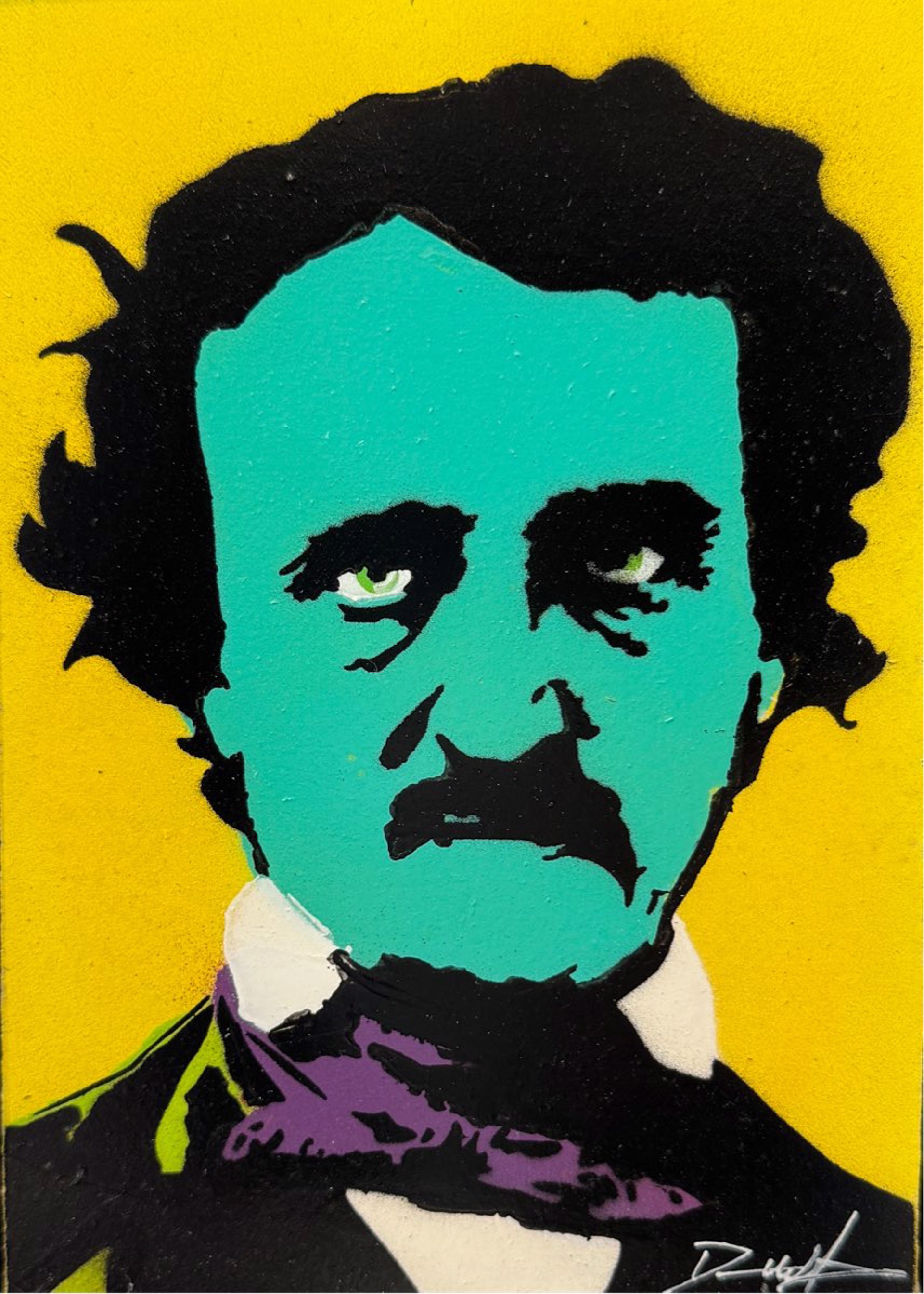 Warhol Poe, Teal on Bright Yellow by Dennis Wells