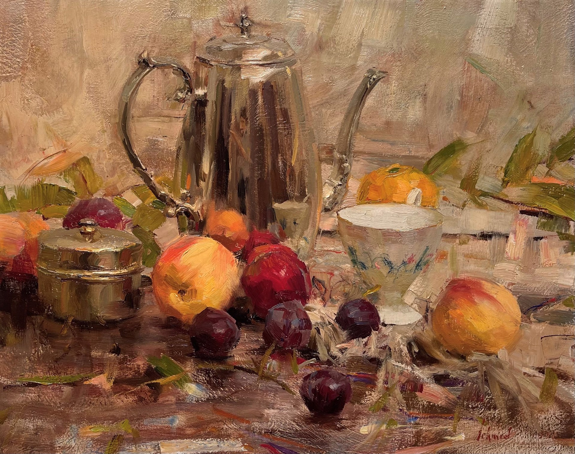 Still Life Peaches and Plums by Richard Schmid