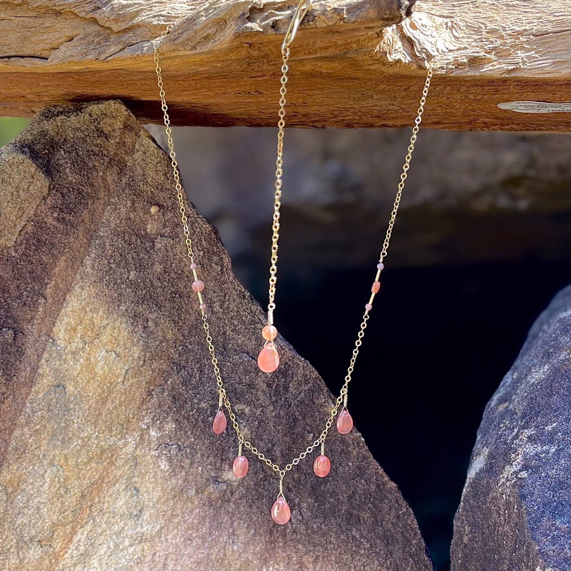 Rhodochrosite 14K Gold Fill Soft Fringe Necklace and Infinity Pendant by Lisa Kelley
