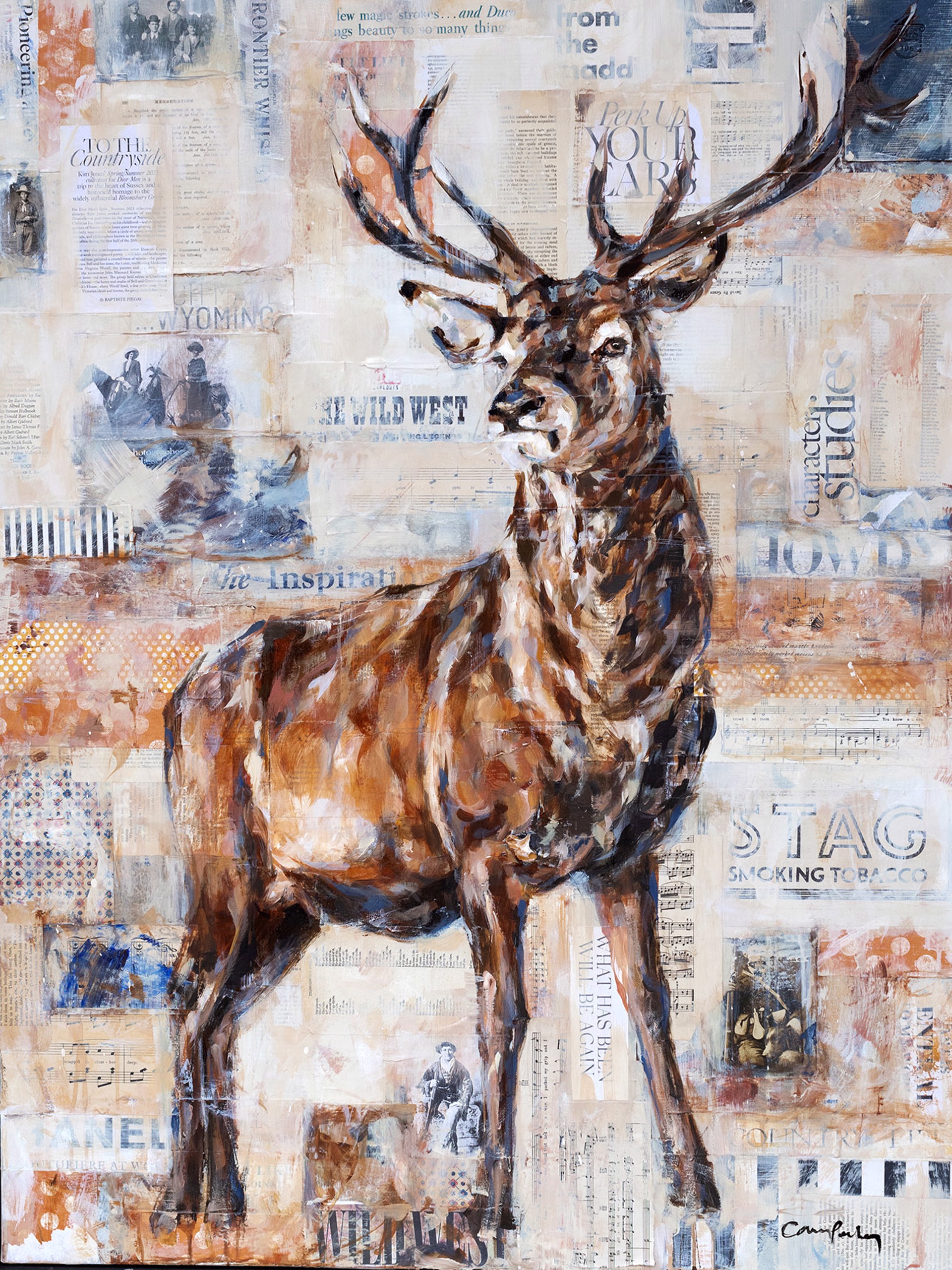 Original Mixed Media Painting By Carrie Penley Featuring A Stag With Vintage Collage Details