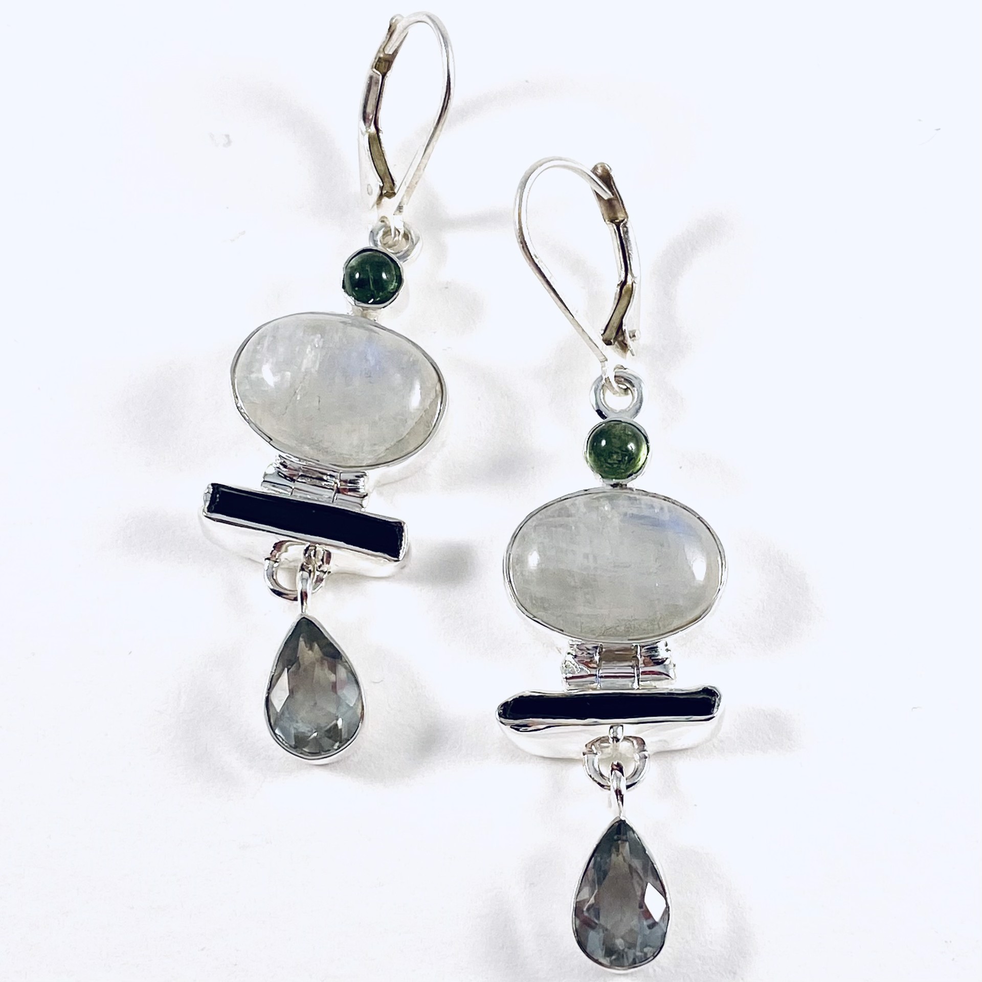 MON21-2E Moonstone, Green Amethyst and Tourmaline Earrings, french wire clasp by Monica Mehta