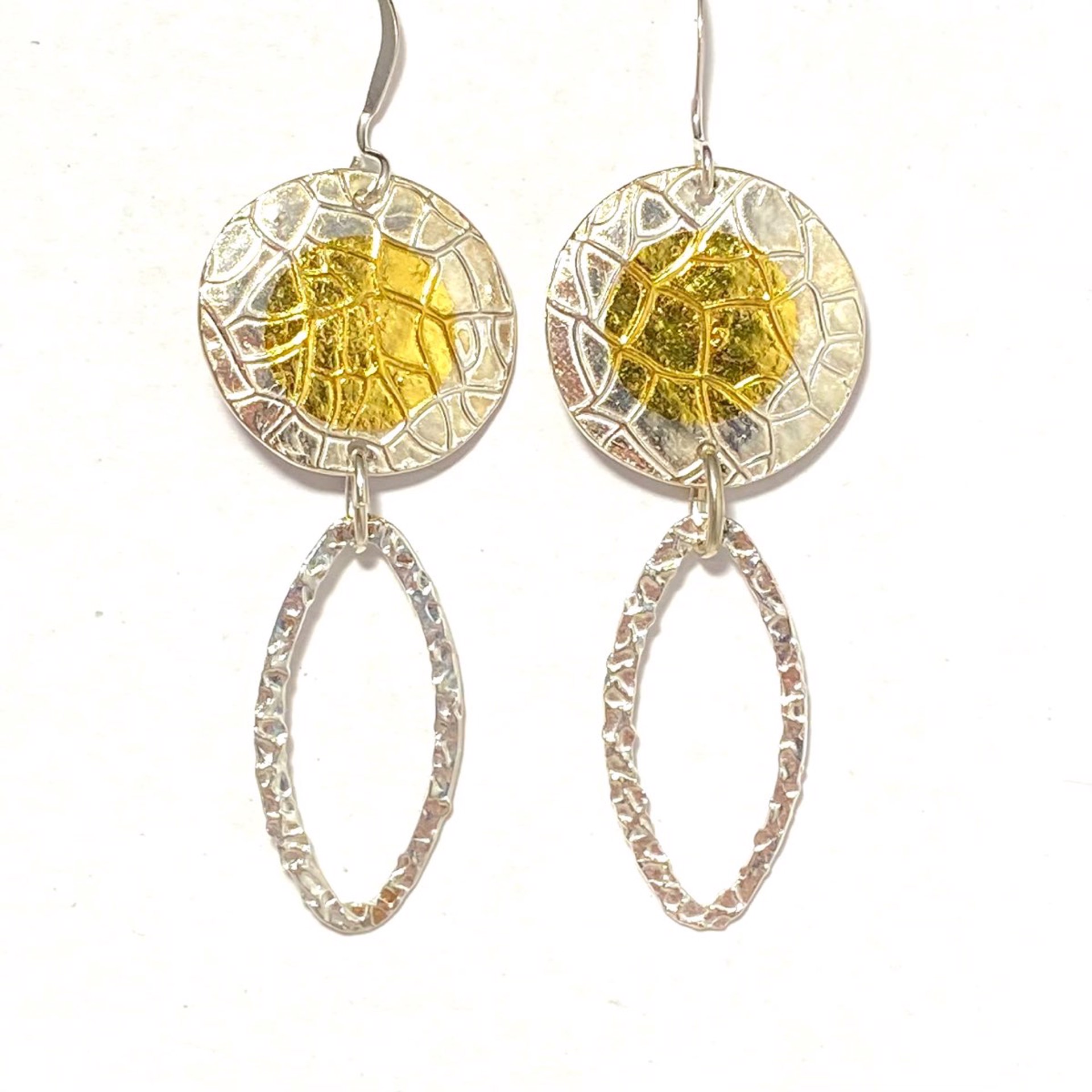 KH22-60 Keum-boo Fine Silver and Gold Circle Oval Dangle Earrings by Karen Hakim