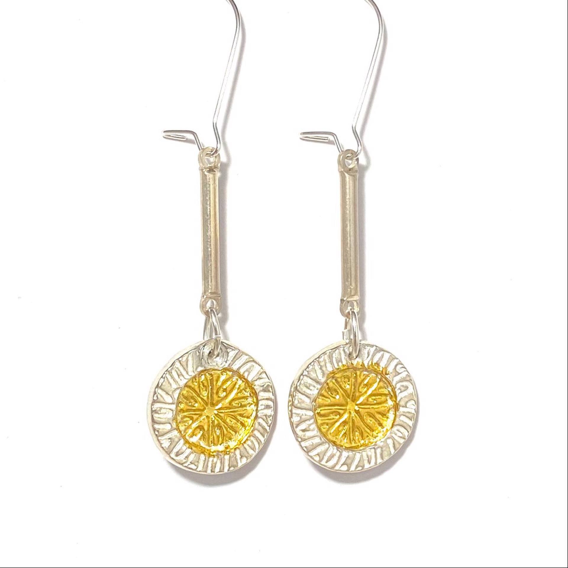 KH22-61 Keum-boo Fine Silver and Gold Circle Sterling Bar Drop Earrings by Karen Hakim
