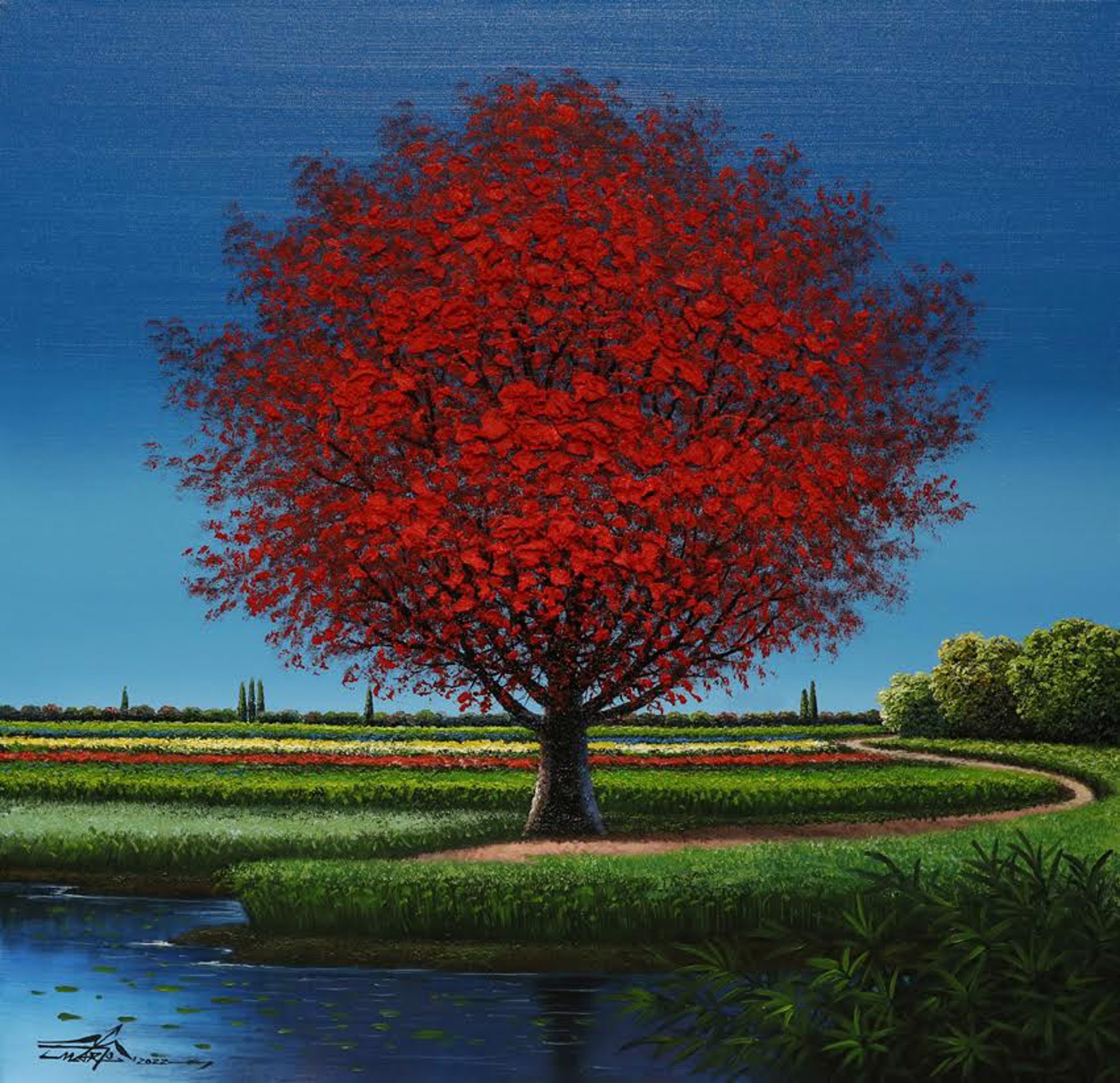 Creekside Retreat by painter artist Mario Jung features a thickly textured red leaved tree by a calm lake in front of a serene country side