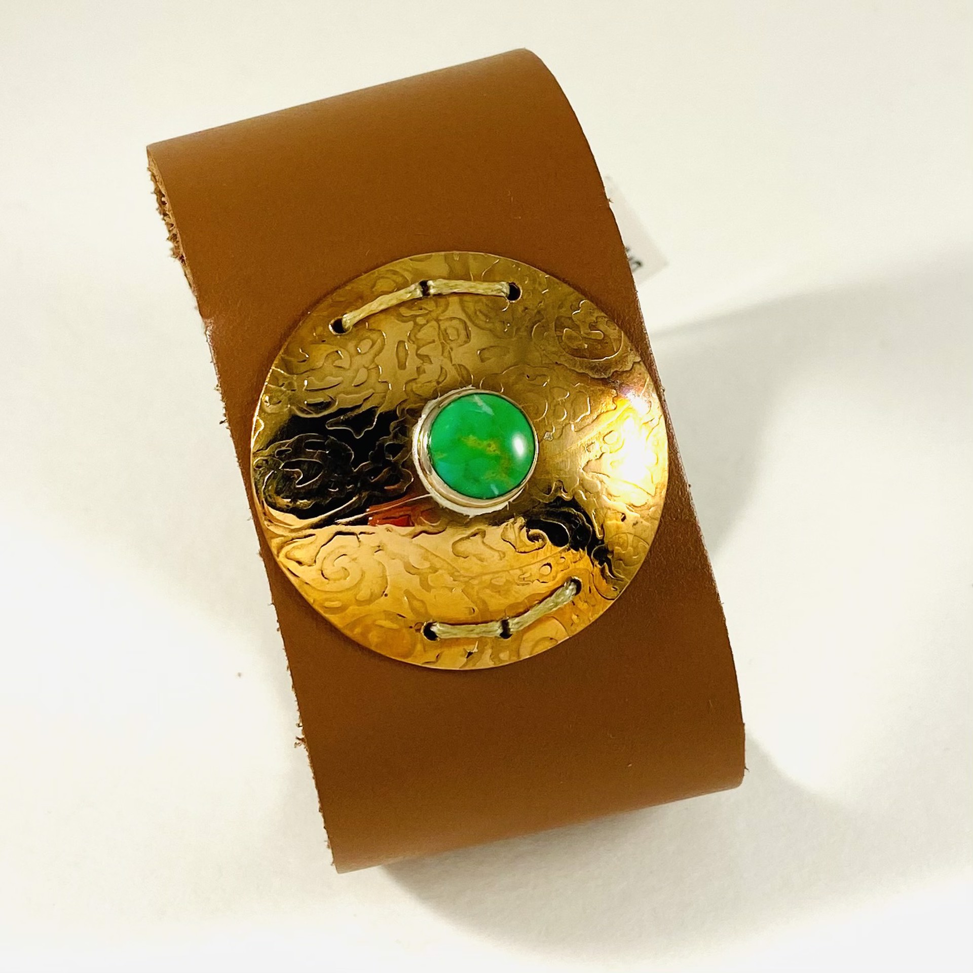 AB21-36 Green Turquoise and Bronze on Leather Cuff Bracelet by Anne Bivens