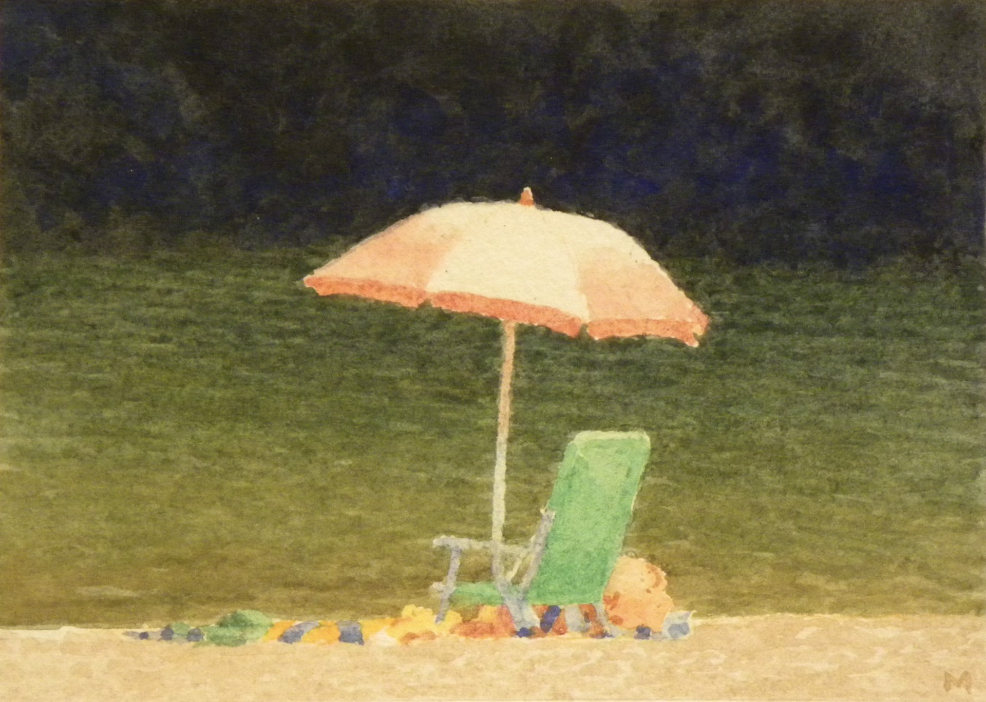 Pink Umbrella. Green Chair by Mary Robertson