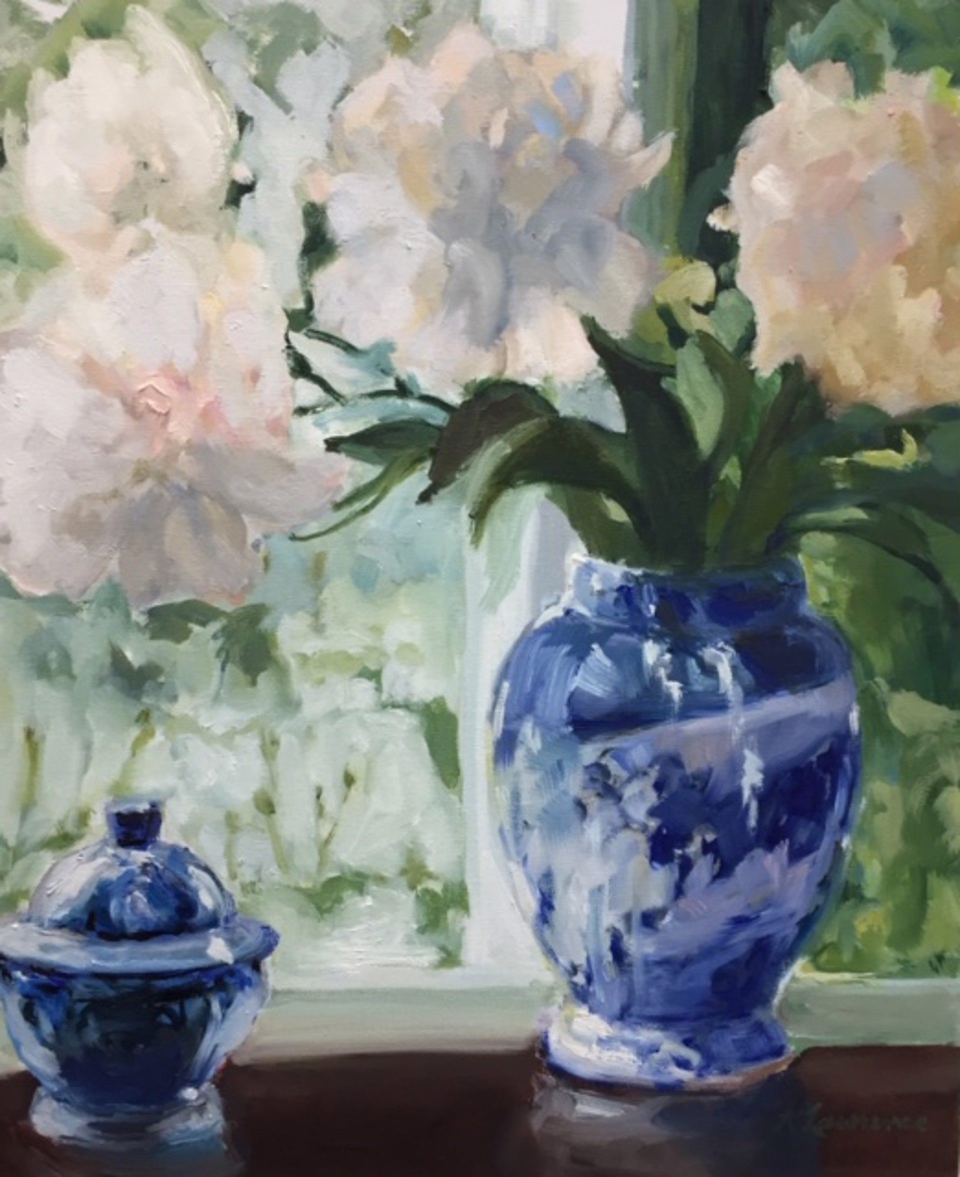 Peonies in Blue Vase by Karen Lawrence