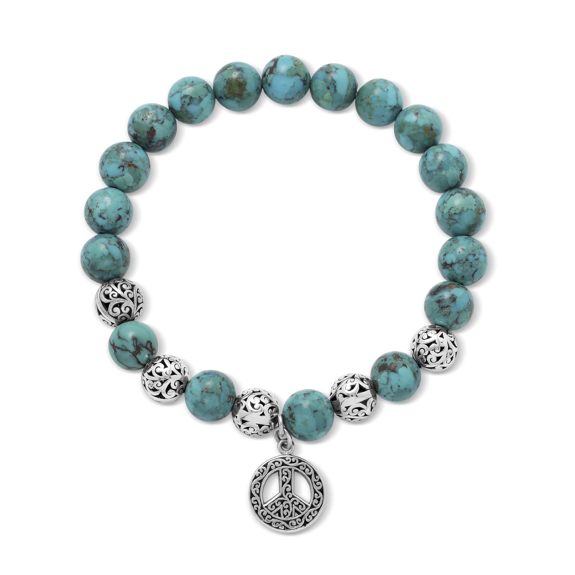 9649 Blue Black Turquoise & LH Scroll Beads (8mm) Stretch Bracelet with Peace Sign Charm by Lois Hill