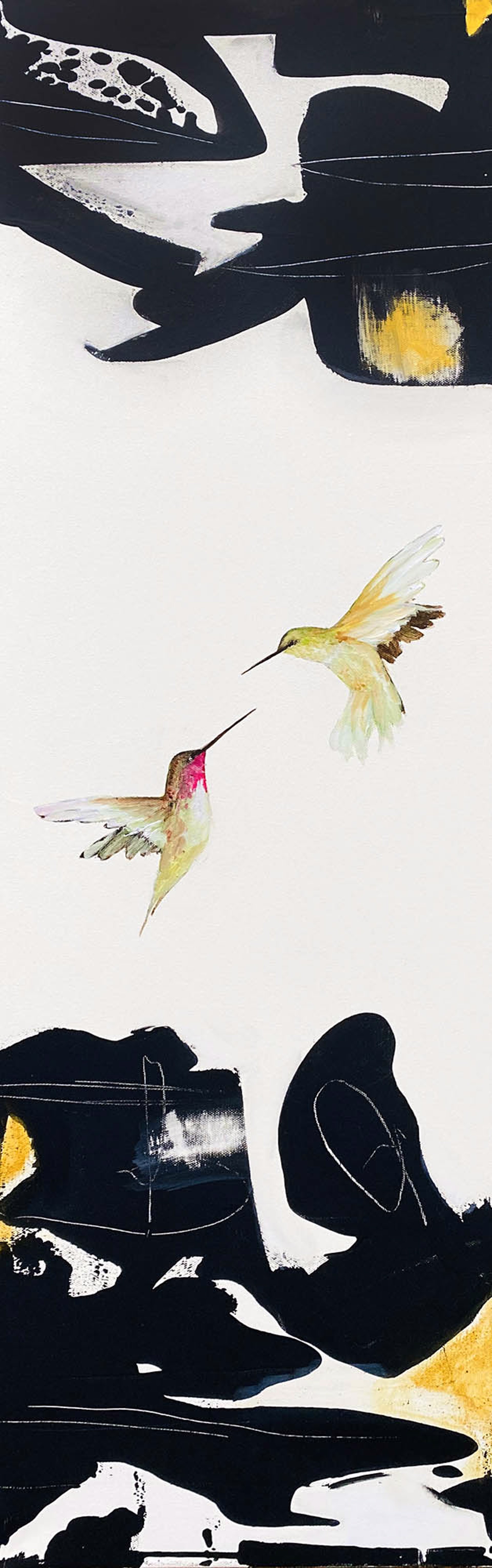 Original Oil Painting Featuring Two Hummingbirds In Flight Over Abstract Black And White Background