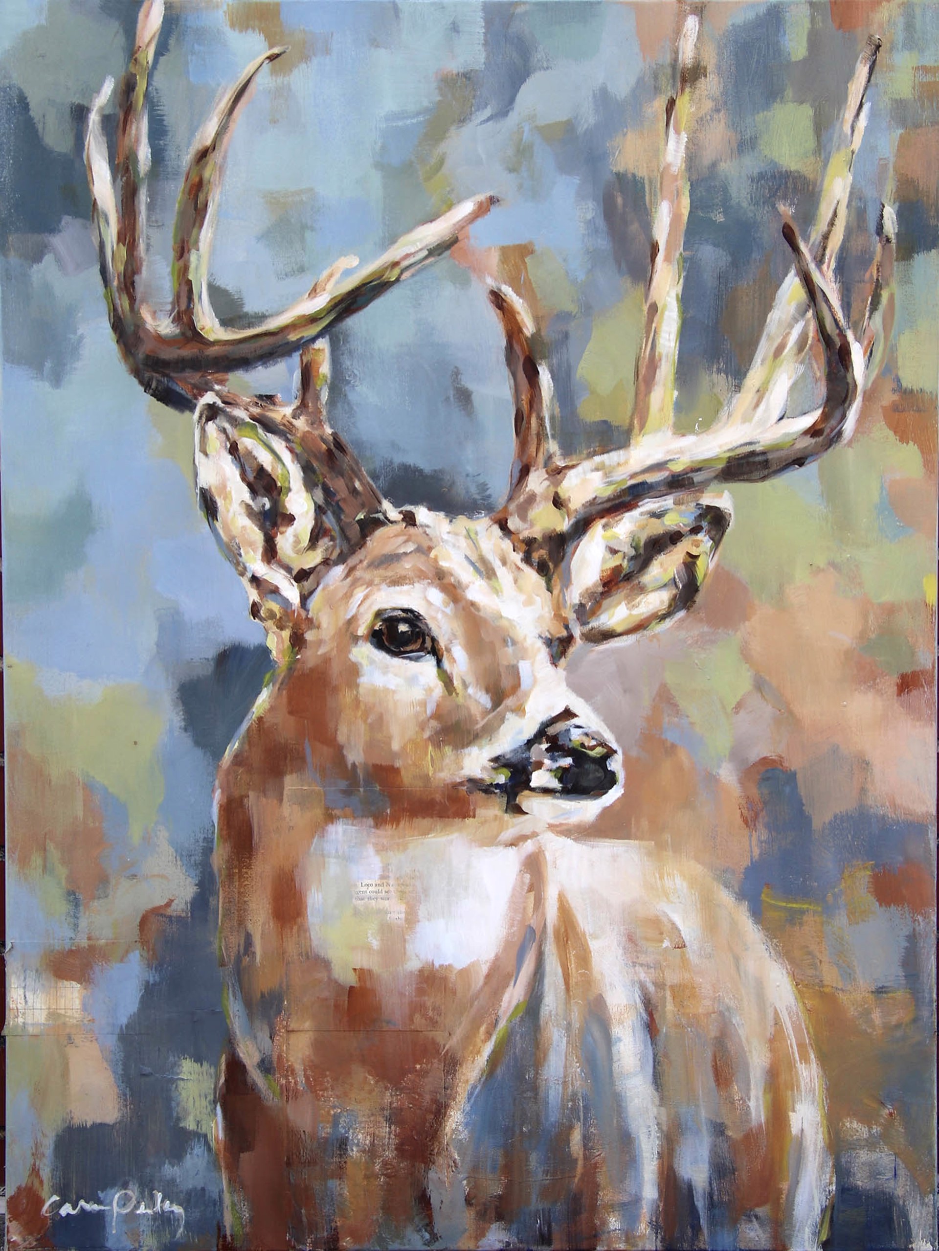 Original Acrylic Painting Featuring A Male White Tail Deer Bust At Three Quarter Turn Over Abstract Blue And Green Background