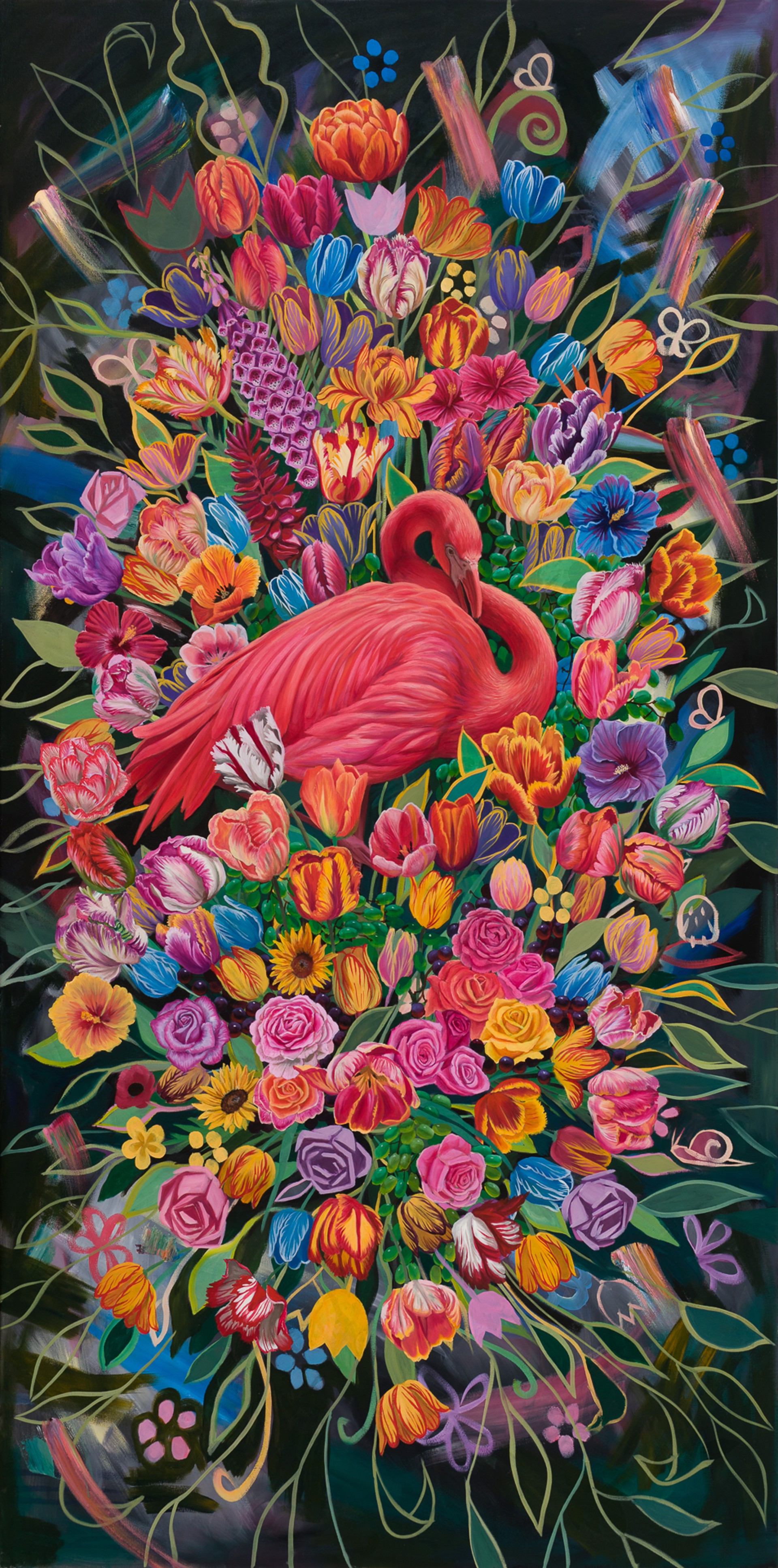 A Flamingo Resting in Parrot Tulips by Robin Hextrum